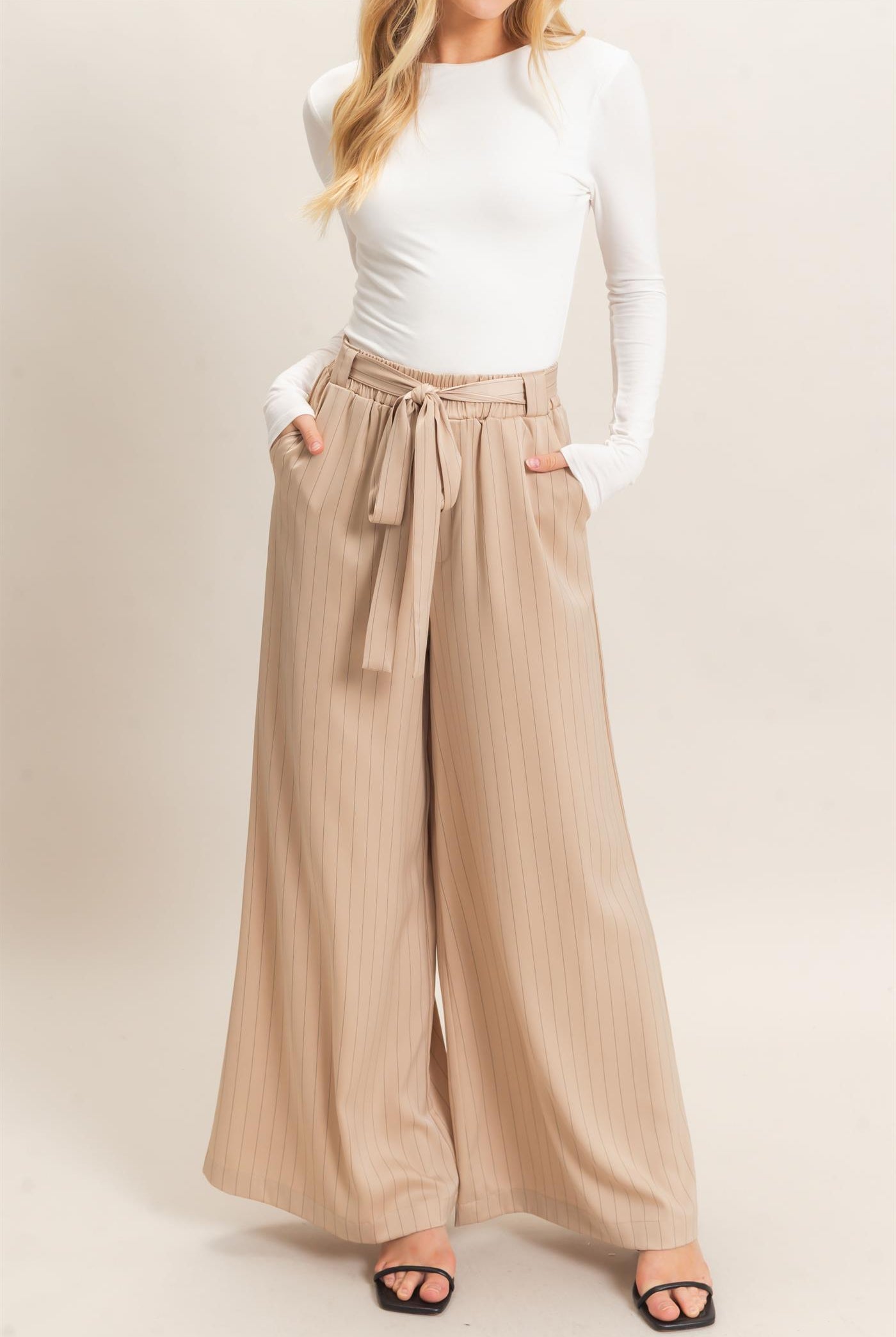 Wholesale Pinstripe Wide-Leg Pants Pants HF25F030 LIGHT TAUPE HYFVE