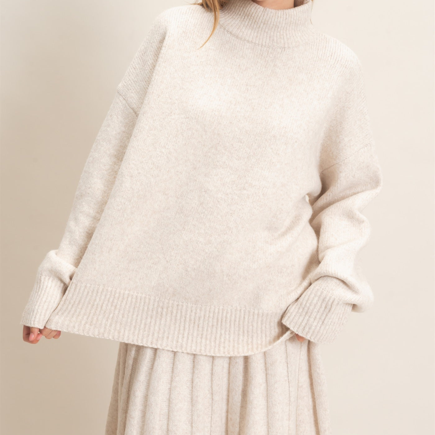 Wholesale Mock Neck Sweater And Pleated Skirt Set Clothing HF26F232-SET ECRU HYFVE