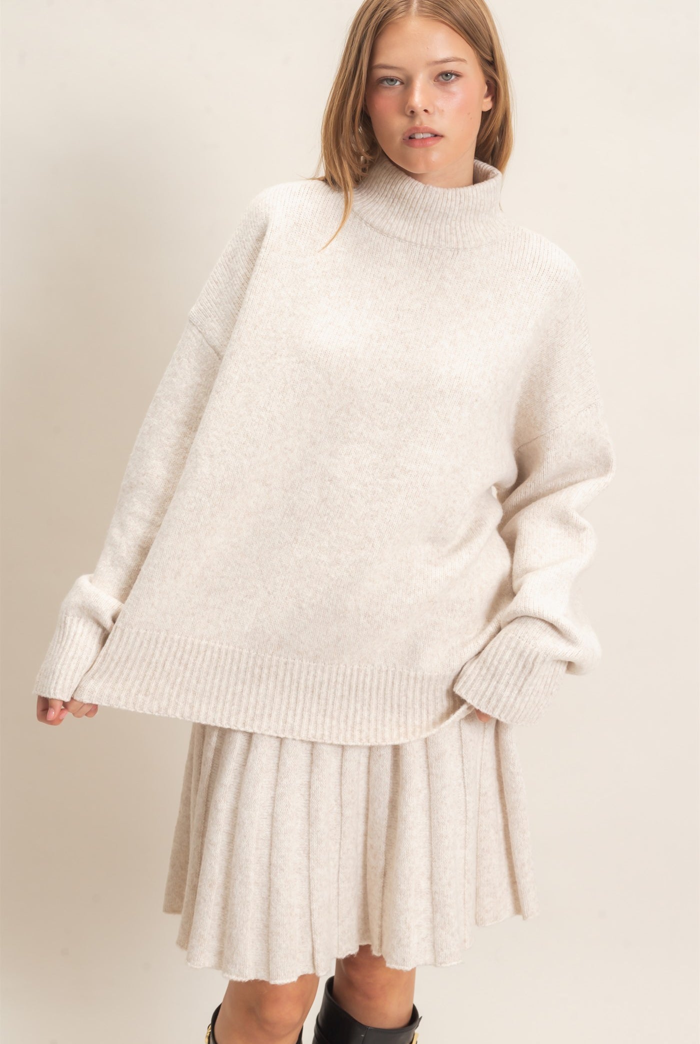 Wholesale Mock Neck Sweater And Pleated Skirt Set Clothing HF26F232-SET ECRU HYFVE