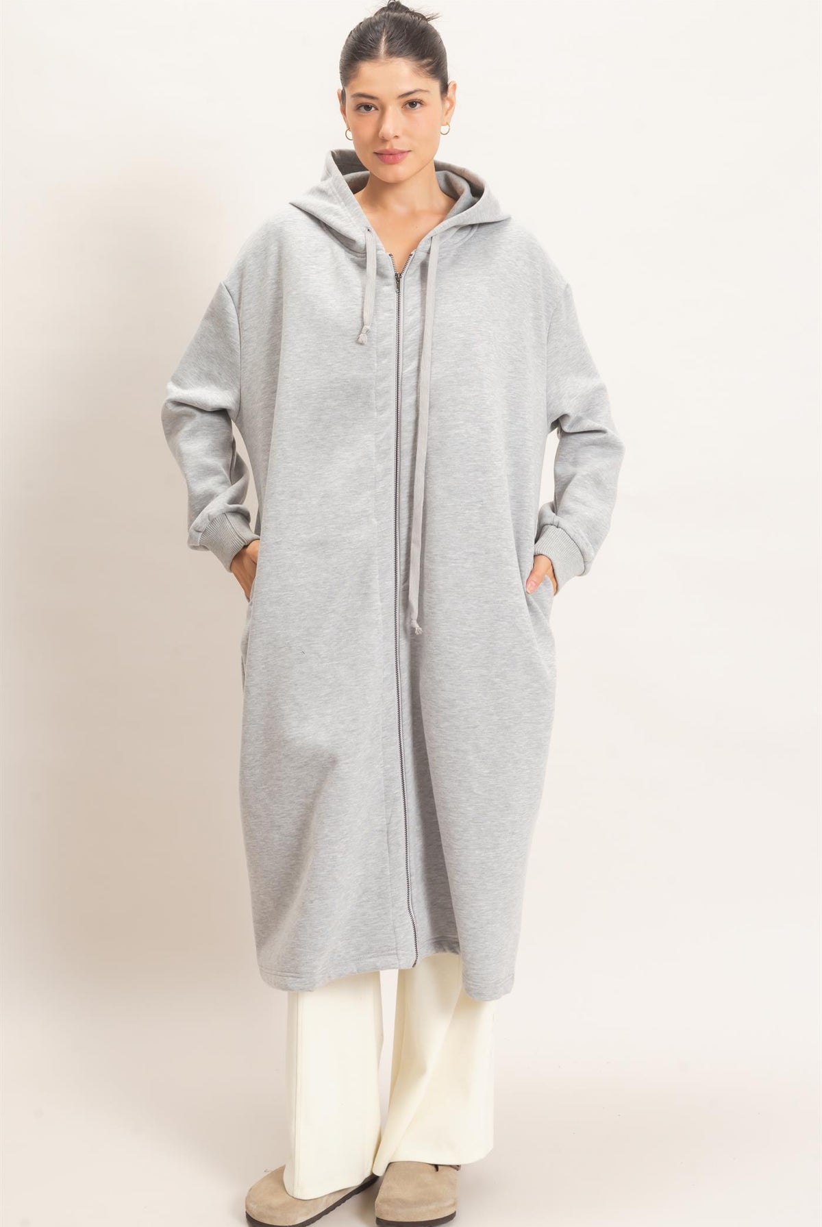 Wholesale Oversized Longline Zip-Up Hoodie Jacket Outerwear HF26E650 HEATHER GRAY HYFVE