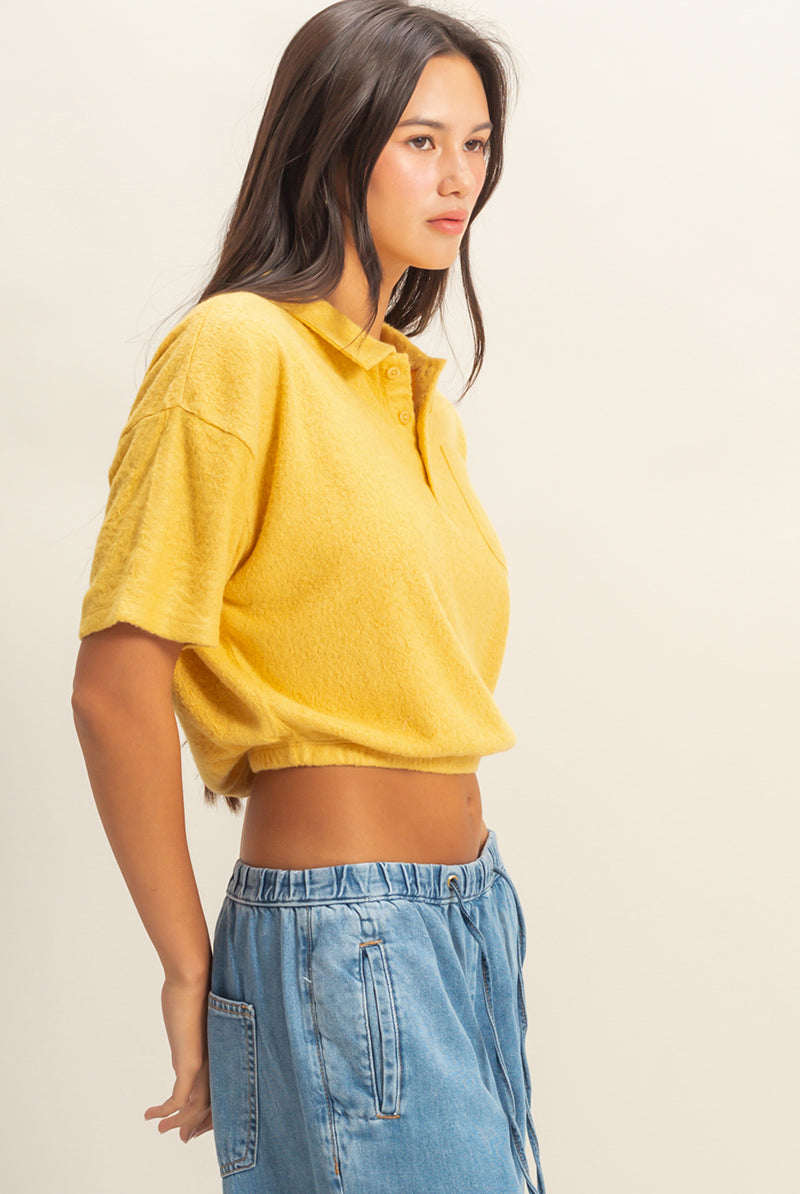 Wholesale Collared Short Sleeve Crop Top Clothing Tops DZ22A477 BUTTERSCOTCH DOUBLE ZERO