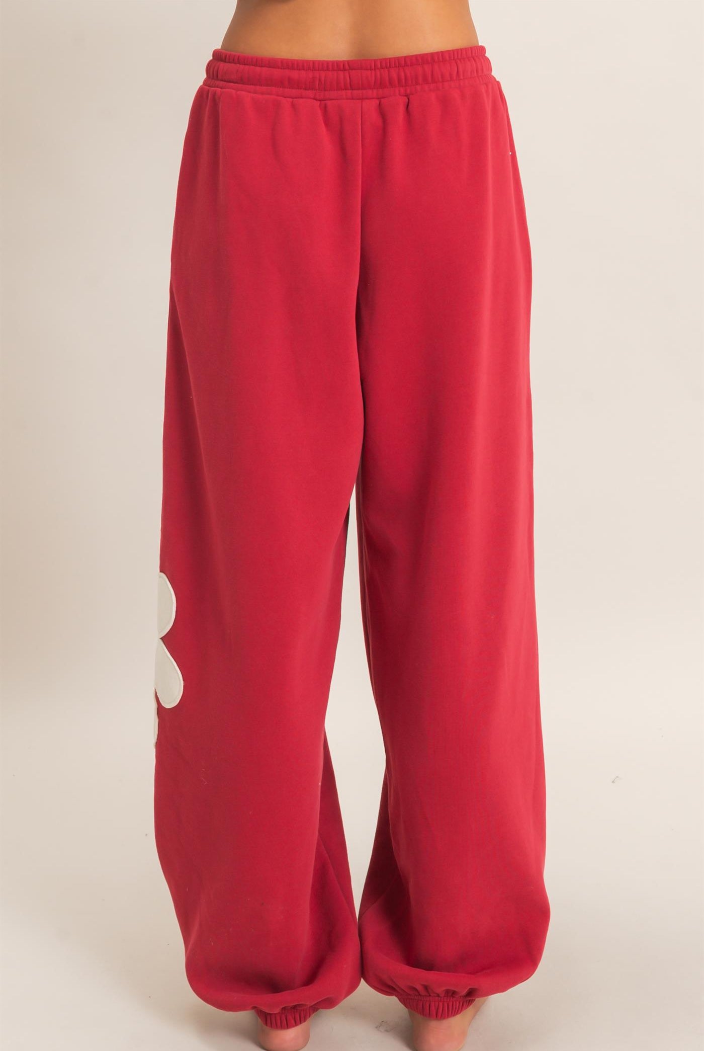 Wholesale Floral Applique Drawstring Jogger Pants Joggers DZ26F308 DARK RED DOUBLE ZERO