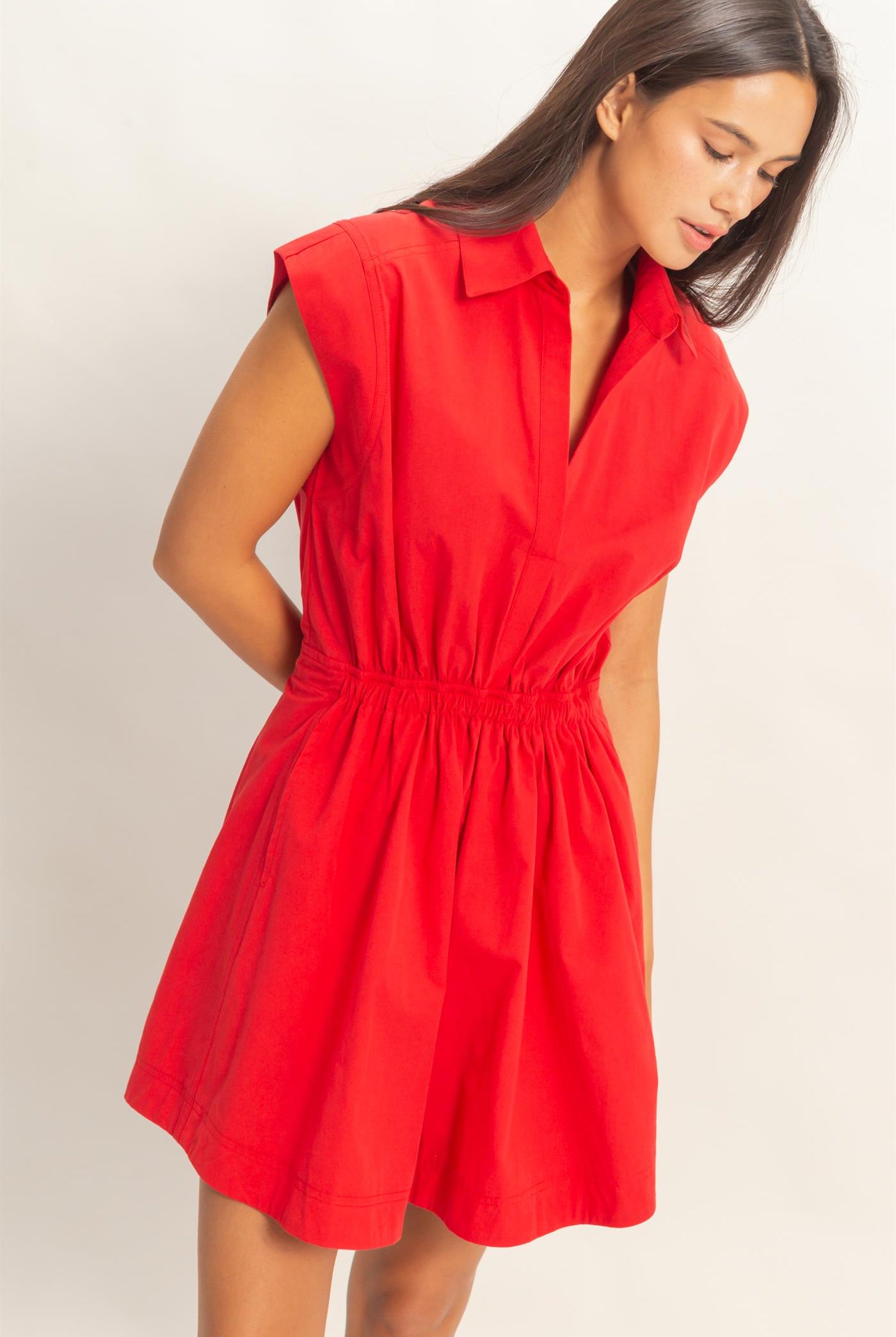 Wholesale Sleeveless Collared Shirred Mini Dress Dresses DZ26A751 RED DOUBLE ZERO