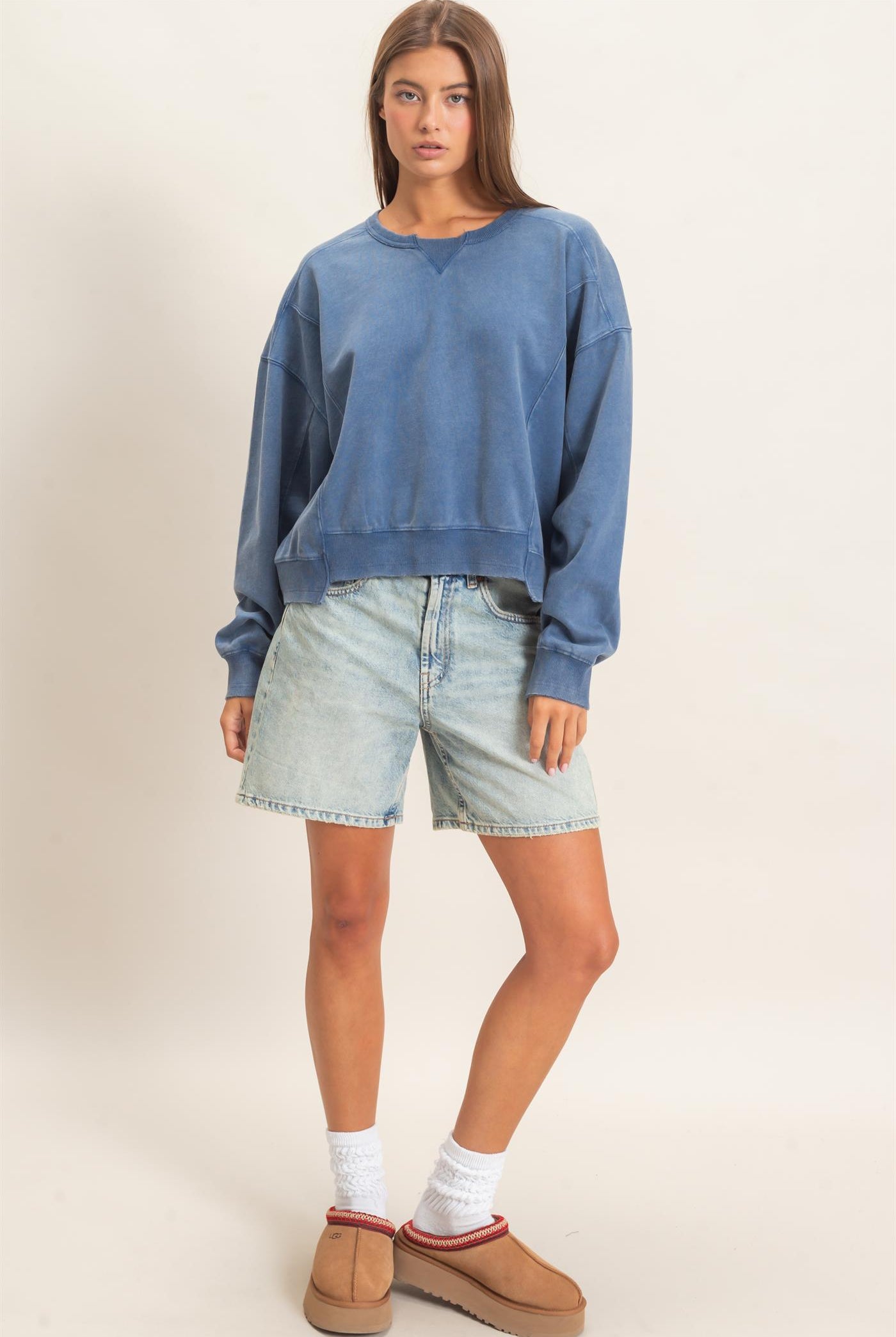Wholesale Acid Wash Seam Detail Crew Neck Sweatshirt Sweatshirts DZ26E260 NAVY DOUBLE ZERO
