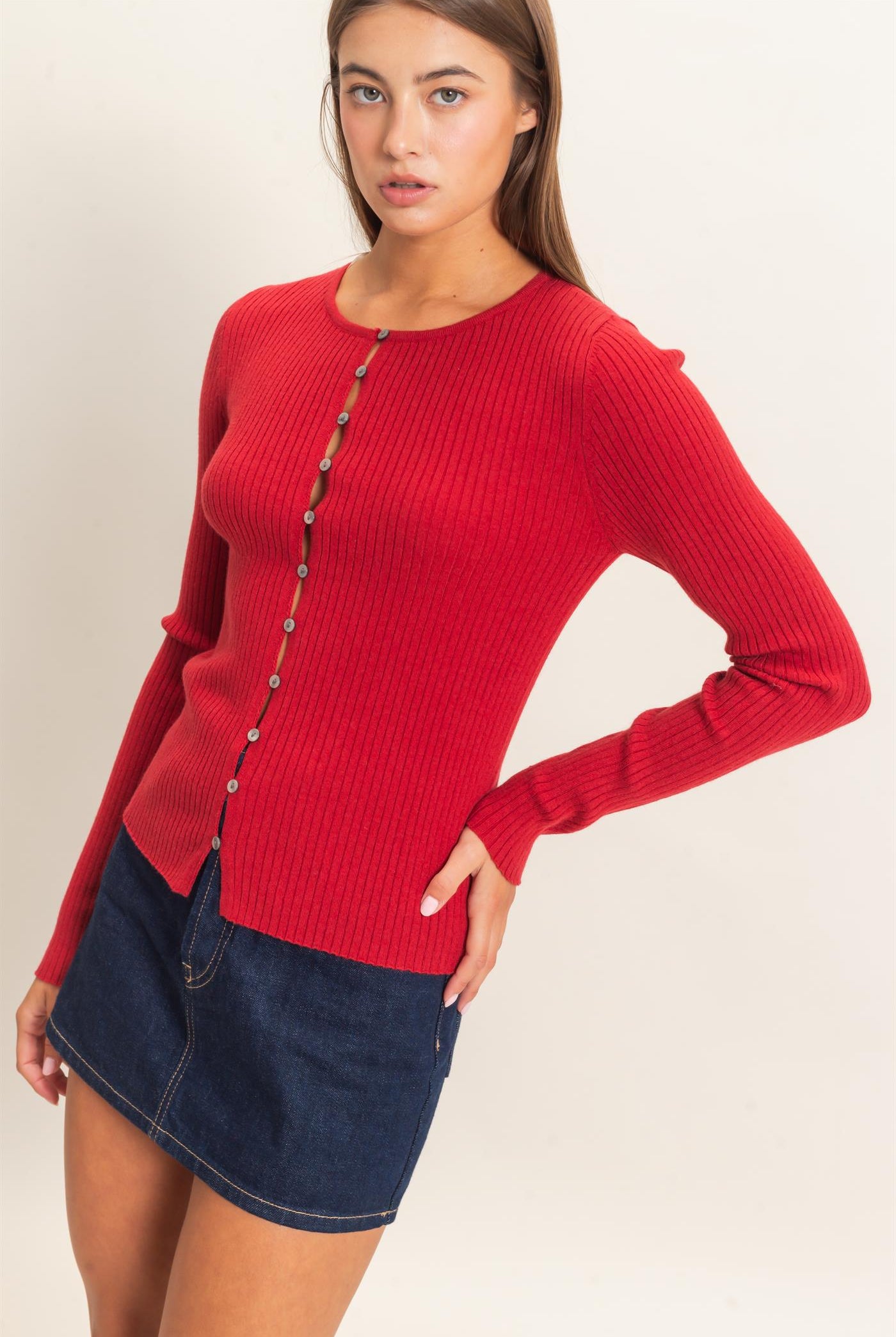 Wholesale Ribbed Button Front Cardigan Cardigans DZ26E322 DARK RED DOUBLE ZERO
