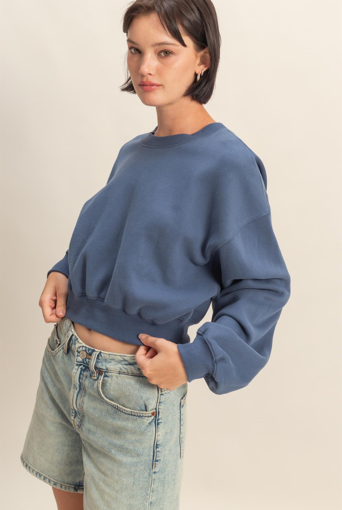 Wholesale Everyday Long Sleeve Cropped Sweatshirt Sweatshirts DZ25E415 DUSTY NAVY DOUBLE ZERO
