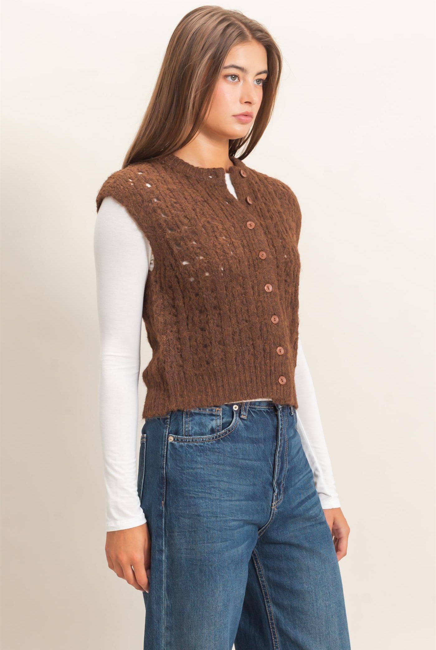 Wholesale Open Knit Sleeveless Button Front Sweater Vest Sweaters DZ26A829 BROWN DOUBLE ZERO