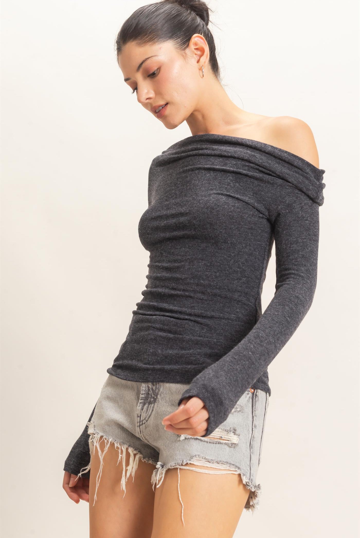 Wholesale Asymmetrical Off-Shoulder Top Clothing Tops HF26E377 CHARCOAL HYFVE
