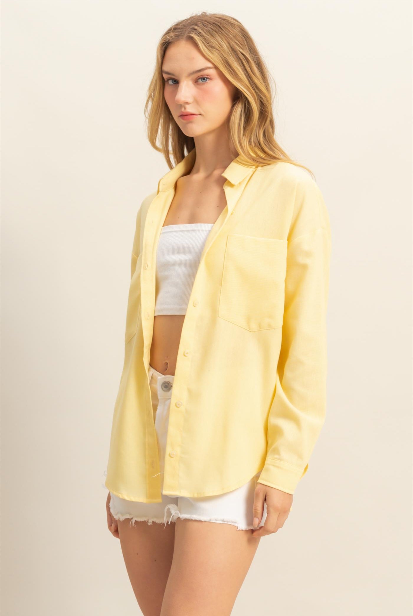 Wholesale Sand Washed Relaxed Long Sleeve Shirt Clothing Tops DZ24C609 CREAMY YELLOW DOUBLE ZERO