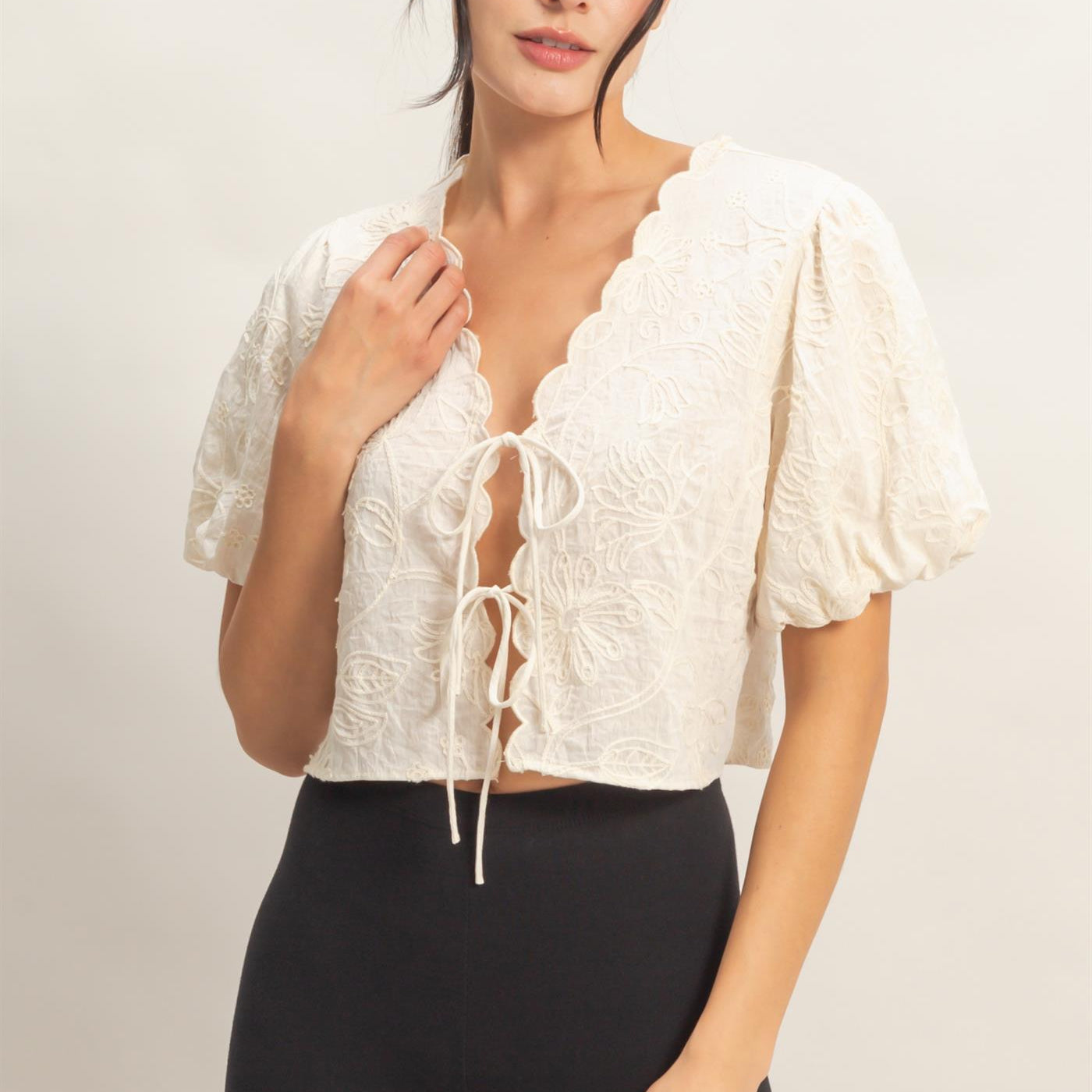 Wholesale Floral Embroidered Tie-Front Top Blouses HF26C556-D CREAM HYFVE