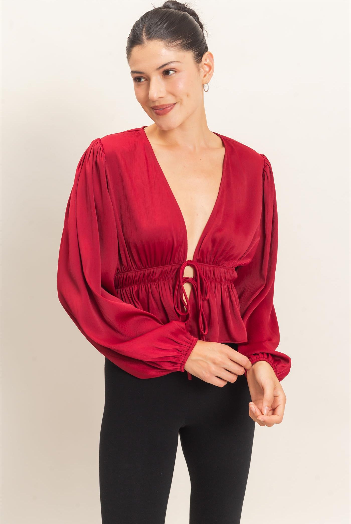 Wholesale Plunging Tie-Front Blouse Blouses HF26F082 BURGUNDY HYFVE
