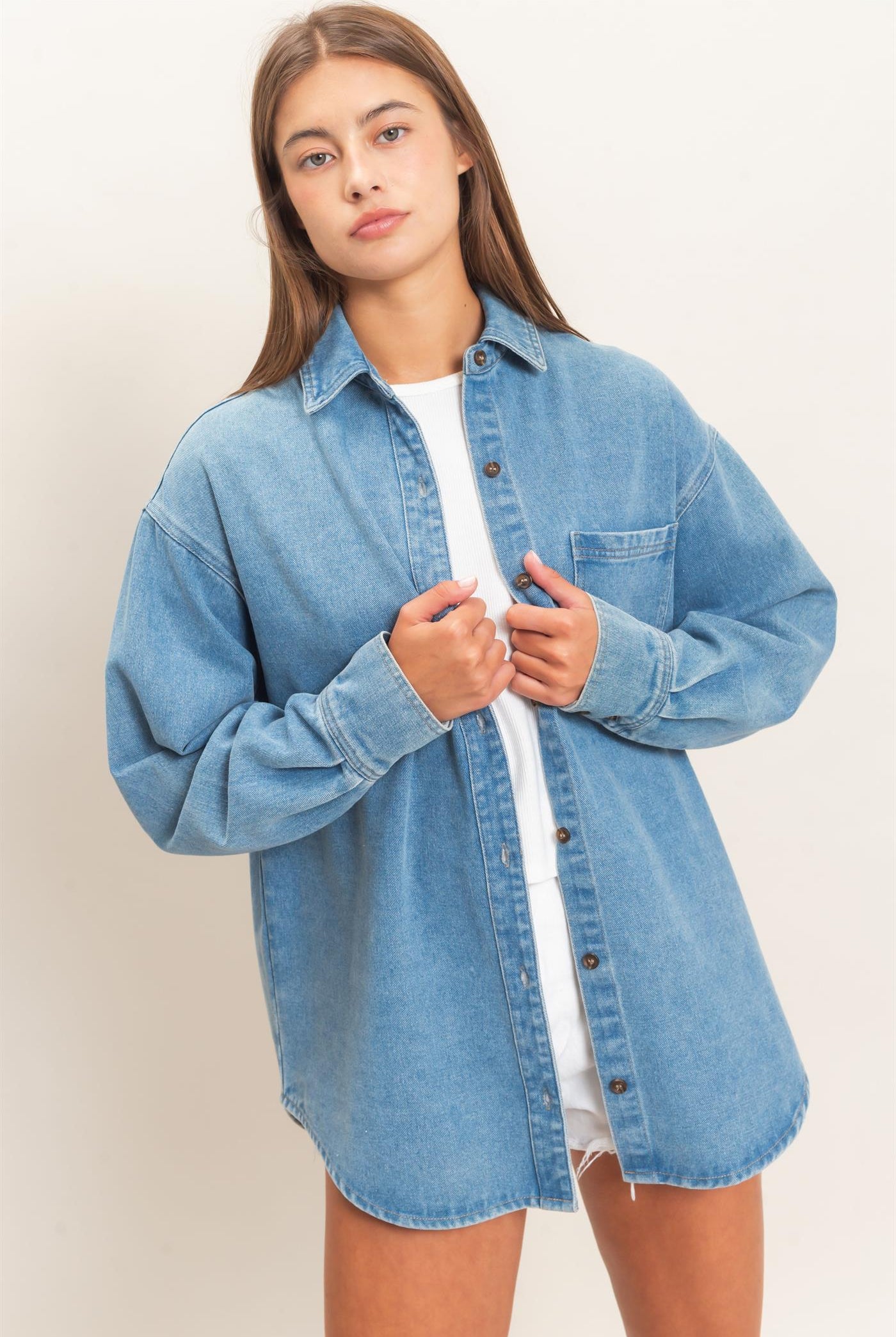 Wholesale Denim Button-Up Collar Shirt Clothing Tops DZ26F410 MEDIUM BLUE DOUBLE ZERO