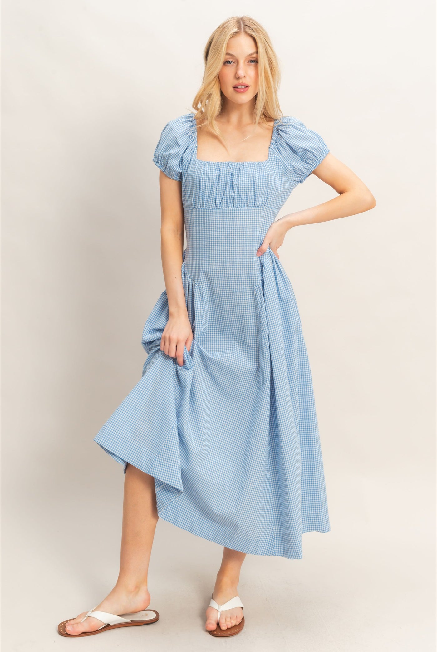 Wholesale Gingham Puff Sleeve Dress Dresses HF26A321 BLUE HYFVE