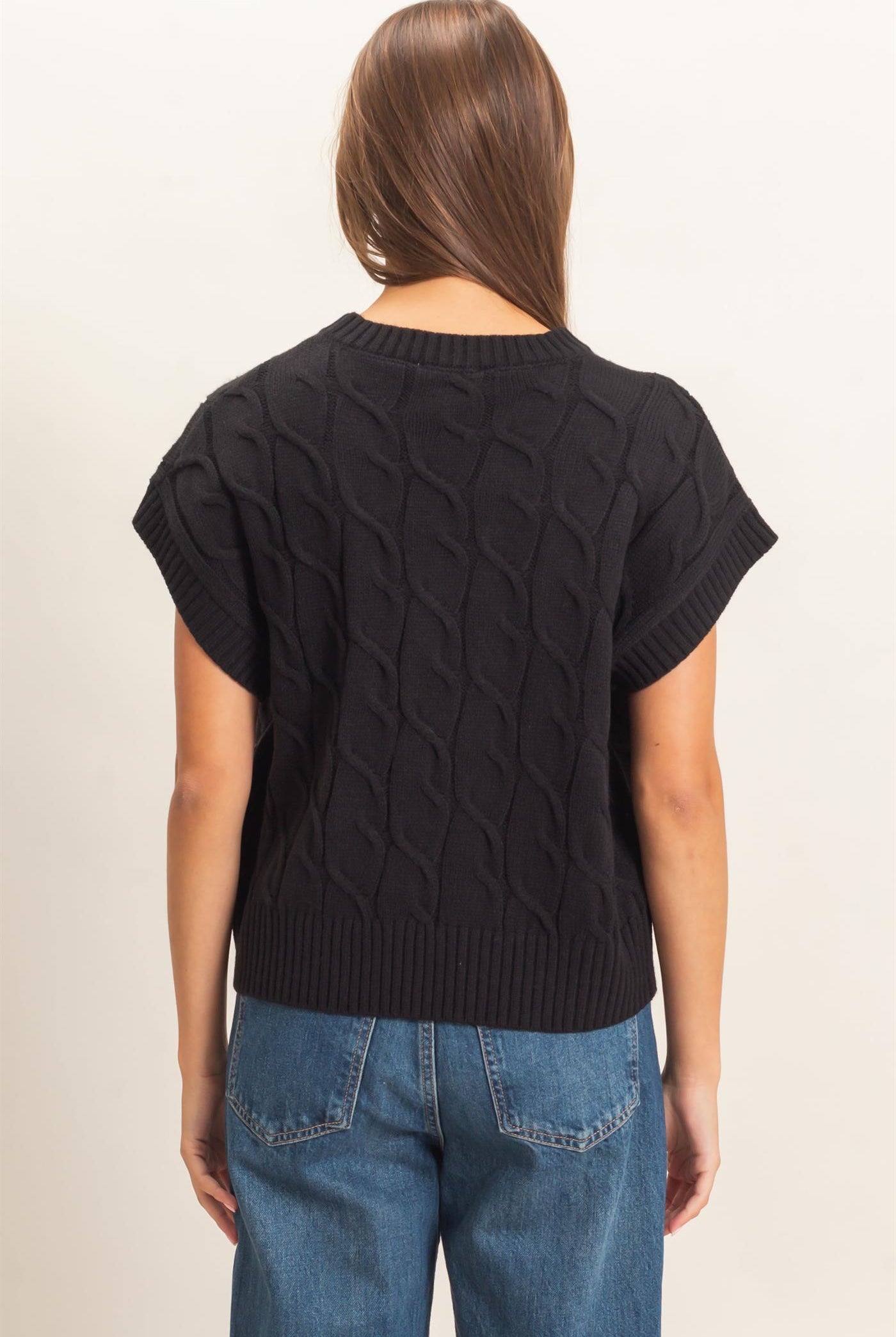 Wholesale Cable Knit Cap Sleeve Sweater Sweaters DZ26C974 BLACK DOUBLE ZERO