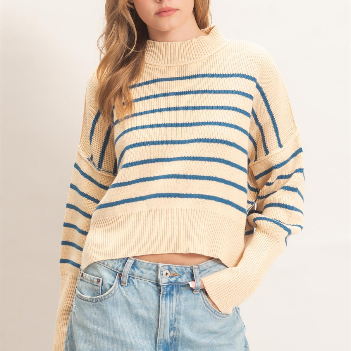 Wholesale Striped Mock Neck Cropped Sweater Sweaters HF26F192 BLUE HYFVE