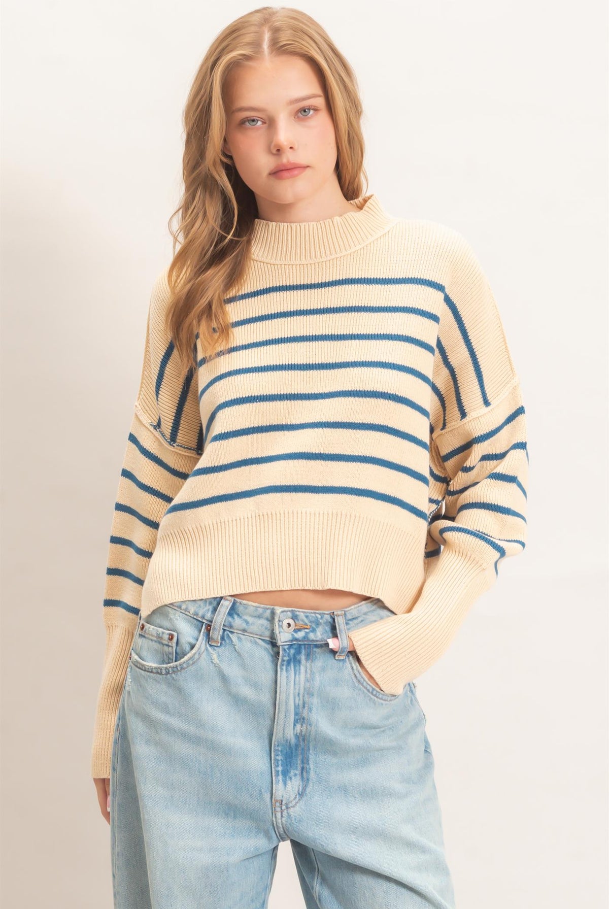 Wholesale Striped Mock Neck Cropped Sweater Sweaters HF26F192 BLUE HYFVE