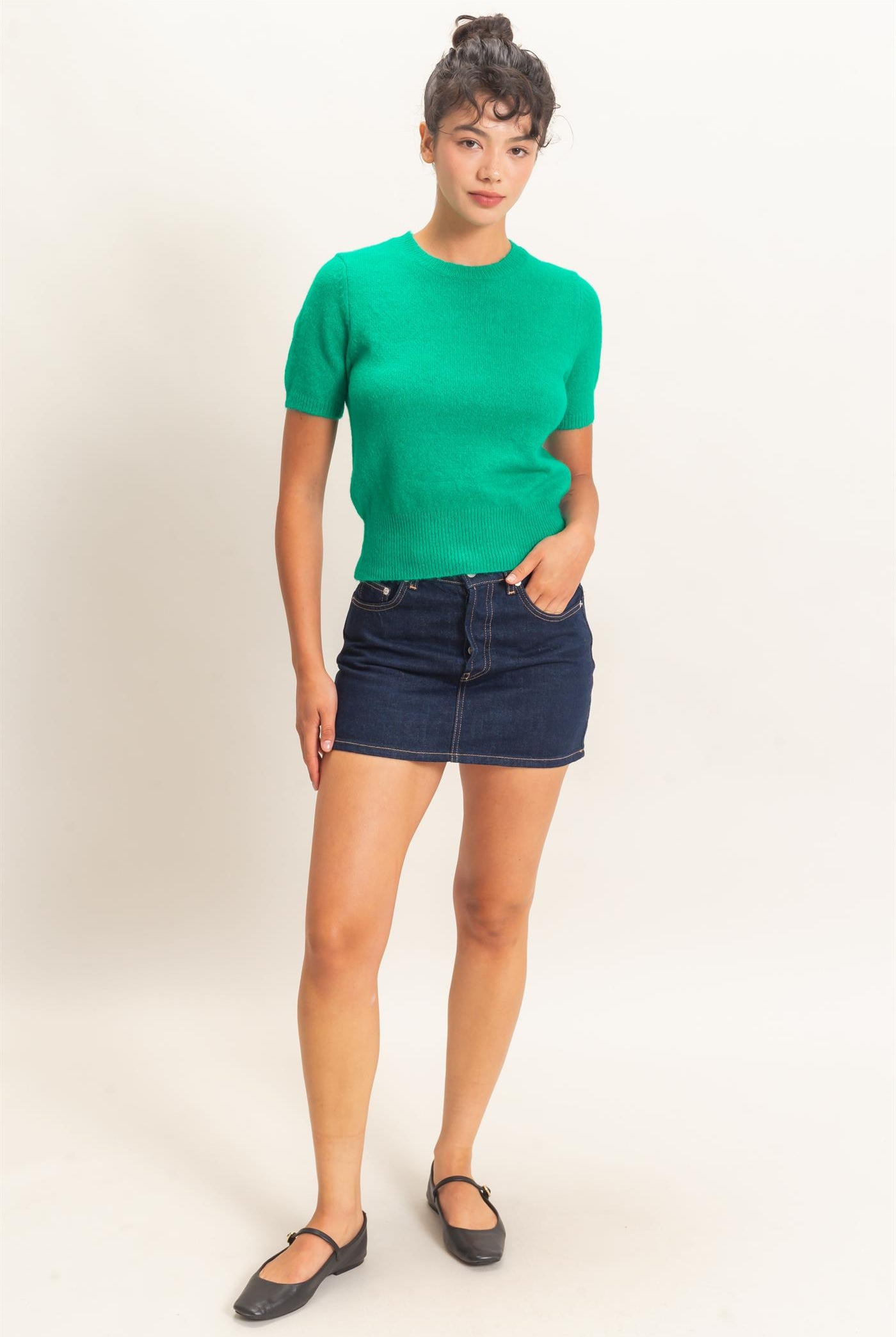 Wholesale Crew Neck Short Sleeve Knit Top Clothing Tops DZ26E944 EMERALD DOUBLE ZERO