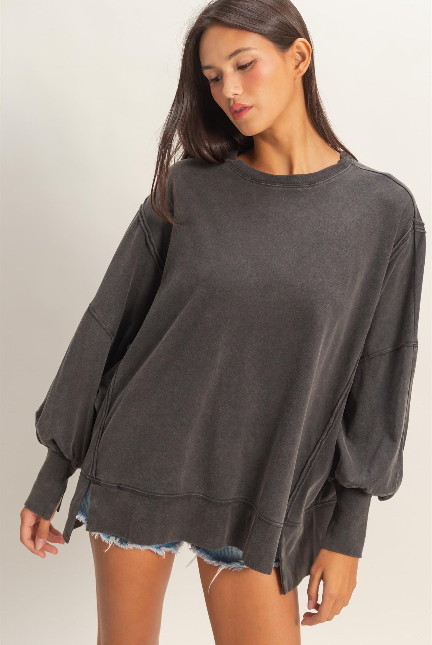 Wholesale Oversized Seam Detail Long Sleeve Top Sweatshirts DZ26C774 BLACK DOUBLE ZERO