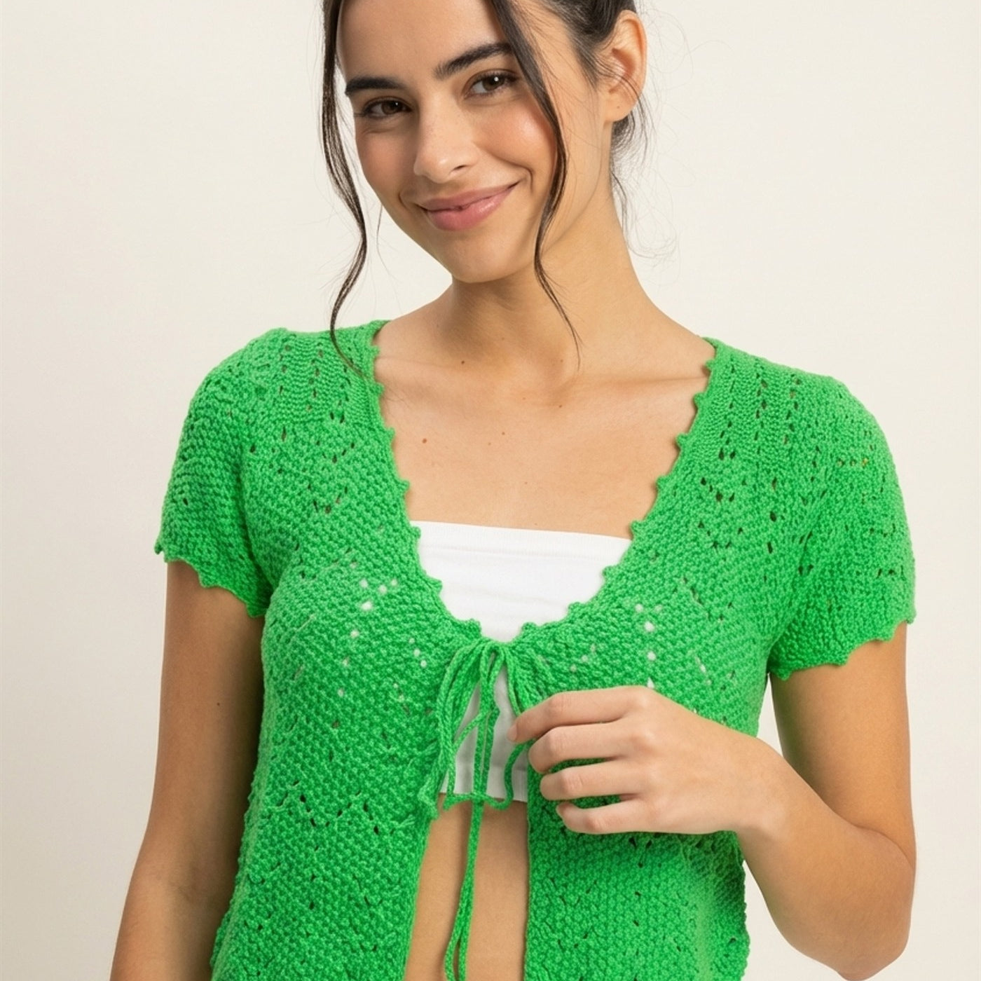 Wholesale Pointelle Tie Front Knit Cardigan Clothing Tops DZ24C268 GREEN DOUBLE ZERO