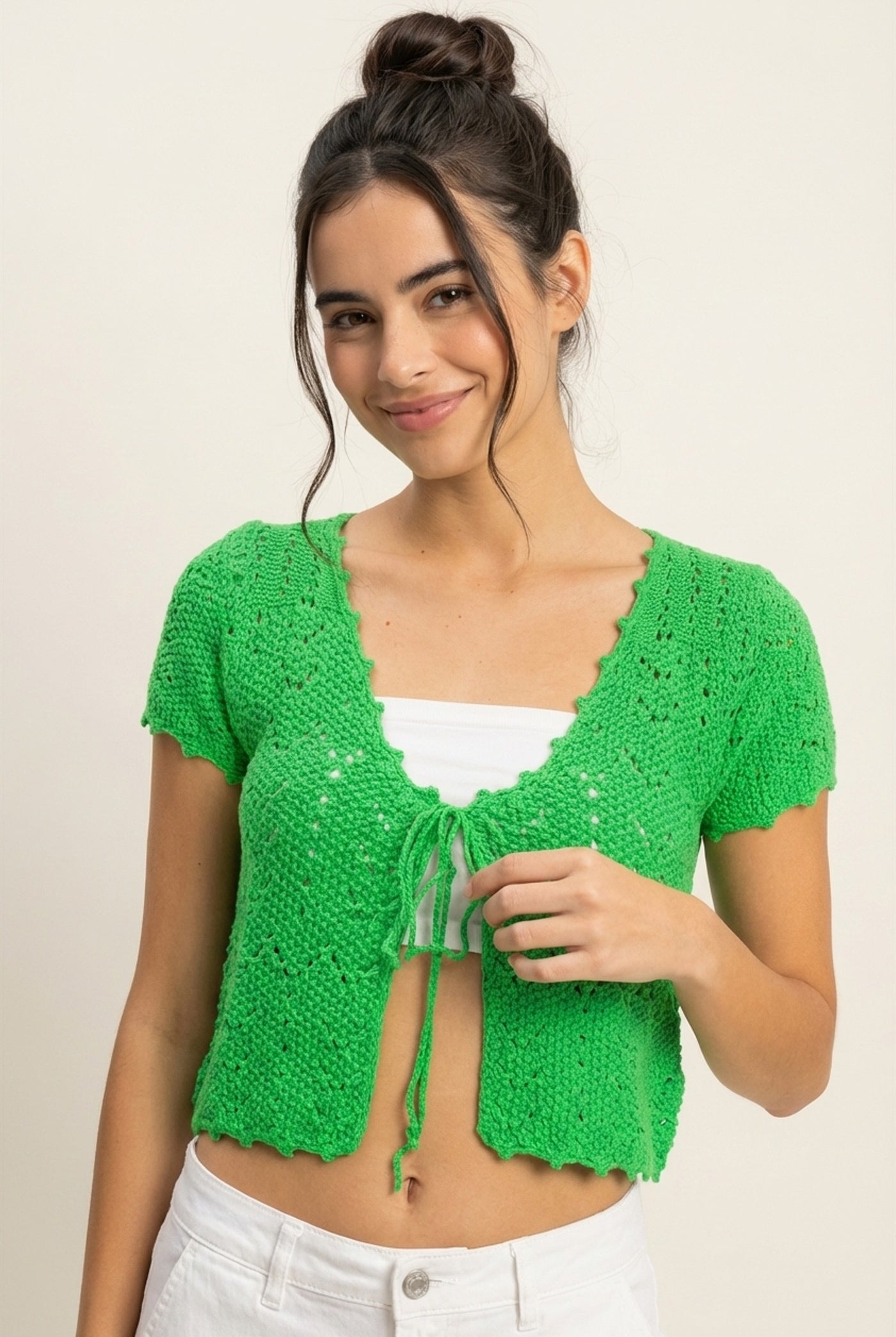 Wholesale Pointelle Tie Front Knit Cardigan Clothing Tops DZ24C268 GREEN DOUBLE ZERO