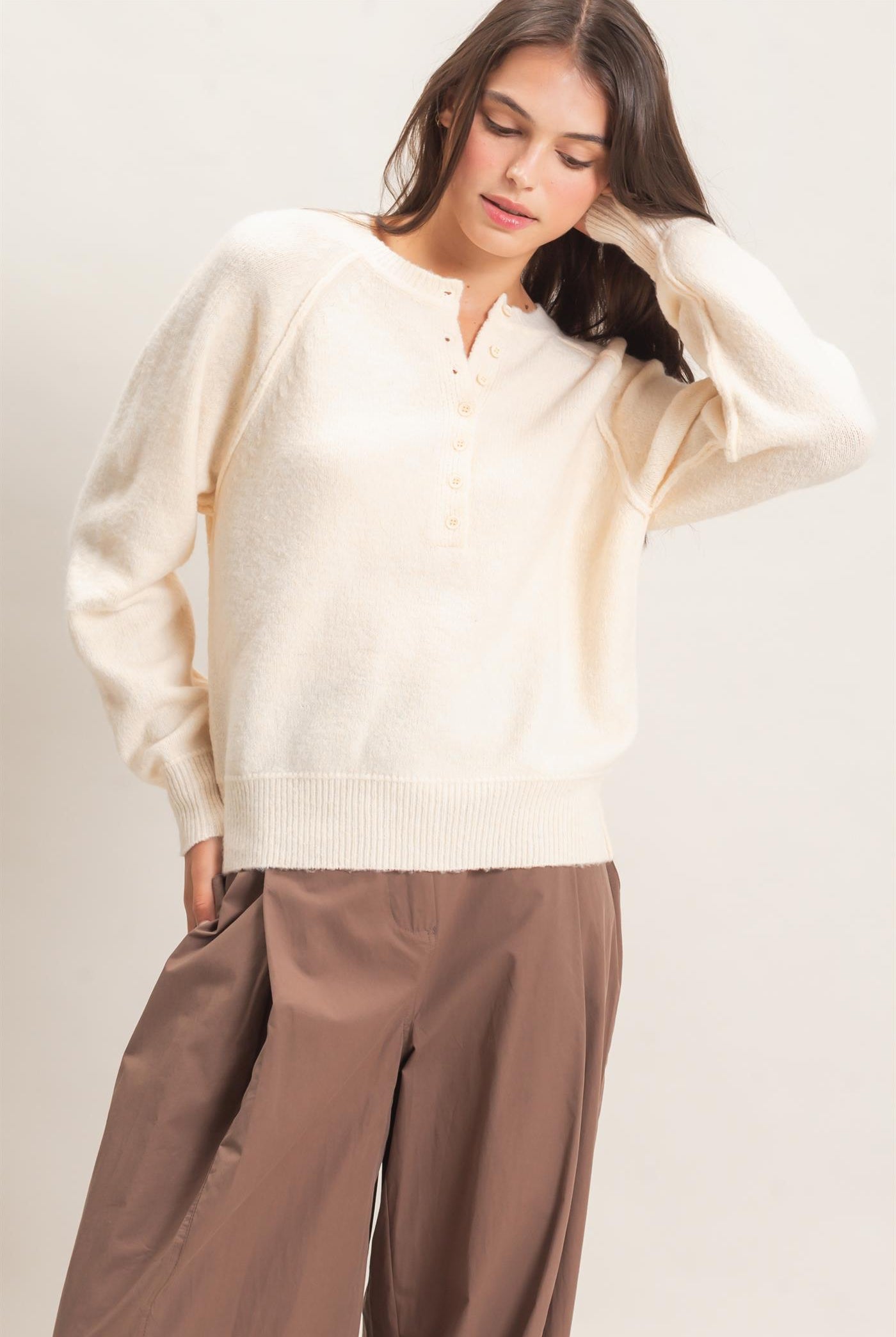 Wholesale Button Front Raglan Sweater Sweaters HF26E152 VANILLA CREAM HYFVE