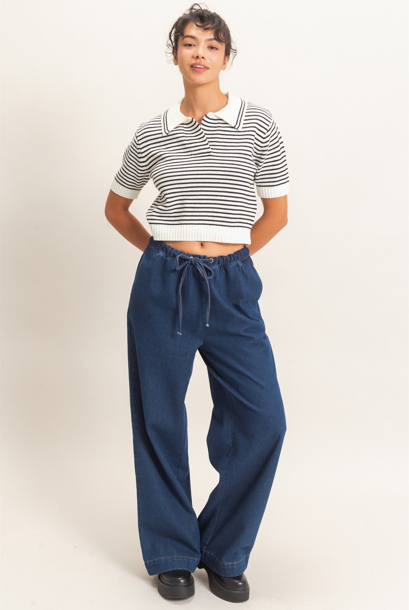 Wholesale Elastic Waist Wide Leg Denim Pants Pants DZ26E331 DARK BLUE DOUBLE ZERO