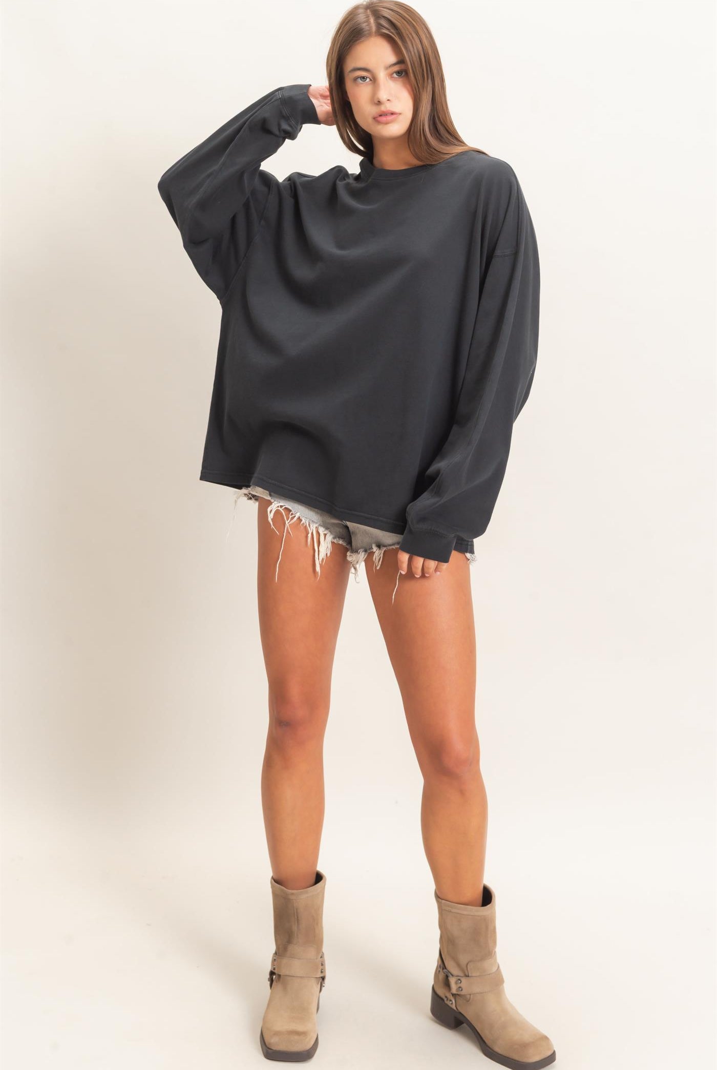 Wholesale Pigment Dye Oversized Long Sleeve Top Clothing Tops DZ26A825 BLACK DOUBLE ZERO
