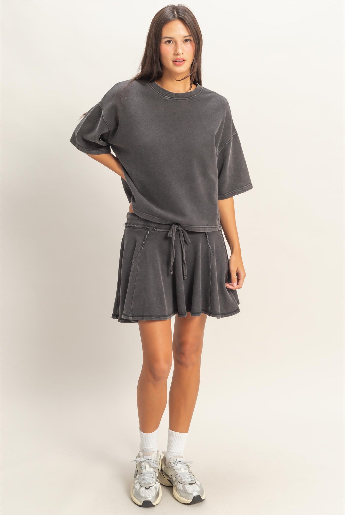 Wholesale Acid Washed Mid Wiast Flowy Skort Skorts DZ26A928 BLACK DOUBLE ZERO