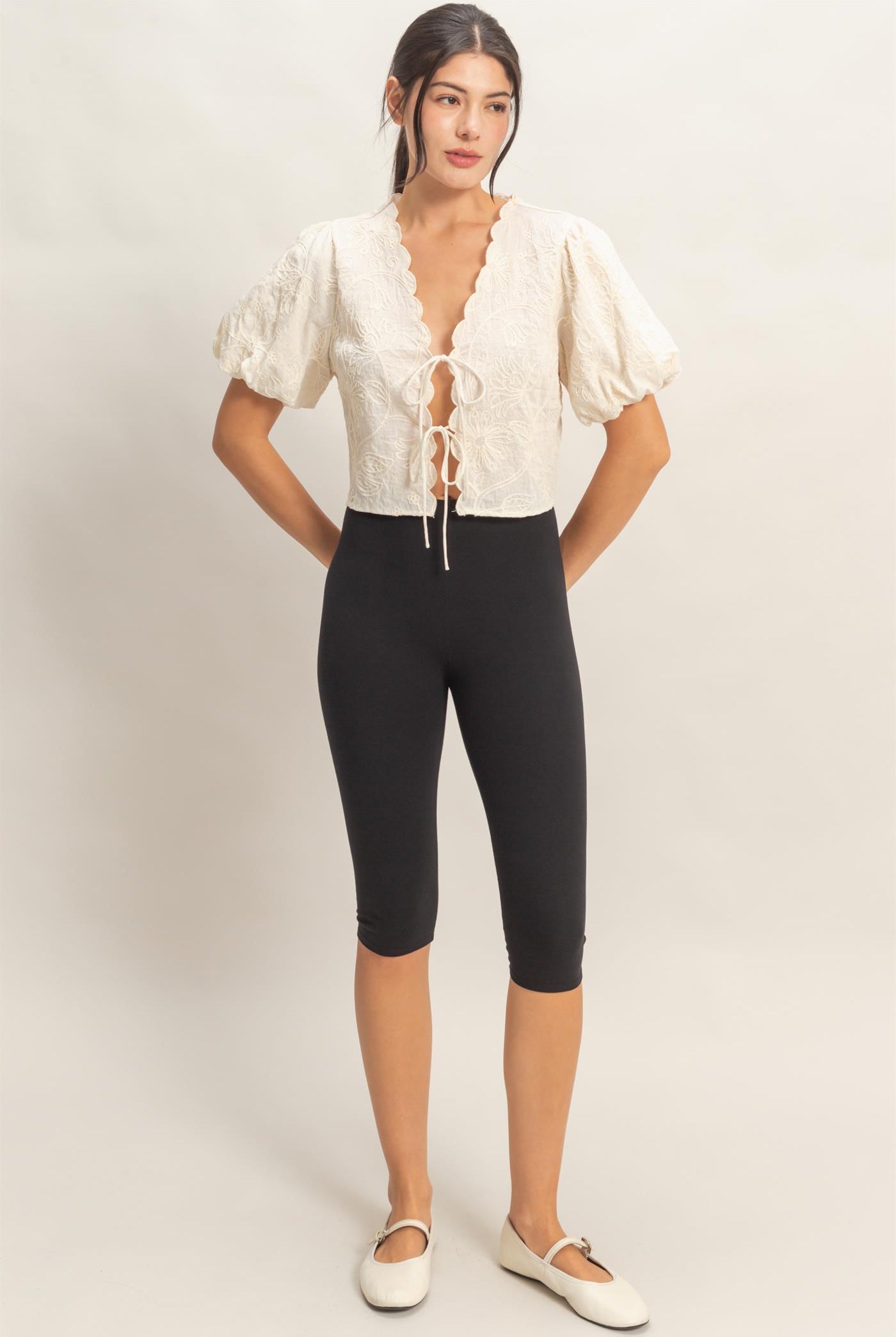 Wholesale Floral Embroidered Tie-Front Top Blouses HF26C556-D CREAM HYFVE