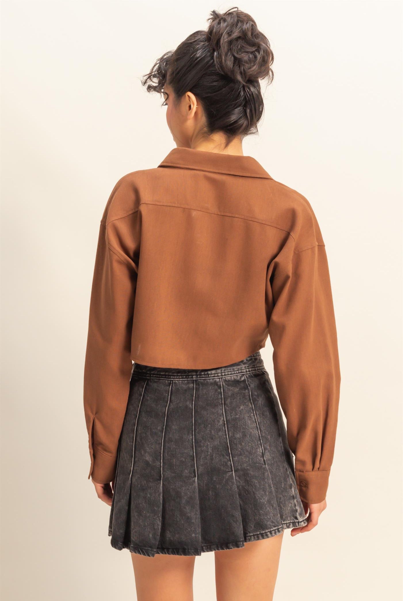 Wholesale Sand Washed Tie Front Crop Top Blouses DZ24C963 CHESTNUT DOUBLE ZERO