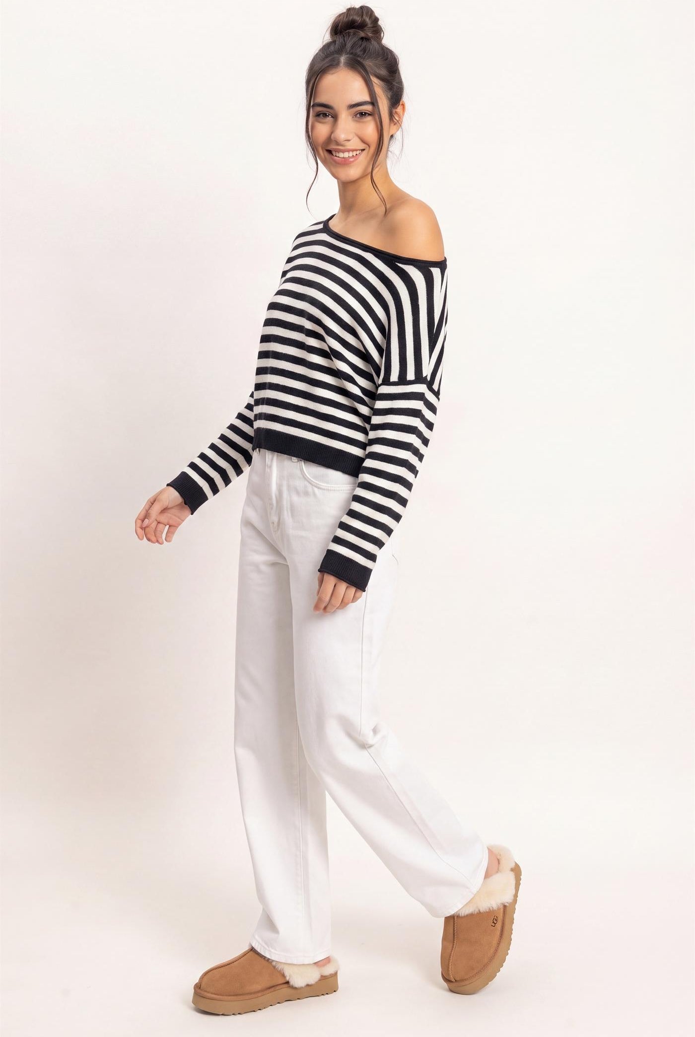 Wholesale Off The Shoulder Striped Sweater Sweaters DZ26E653 BLACK DOUBLE ZERO