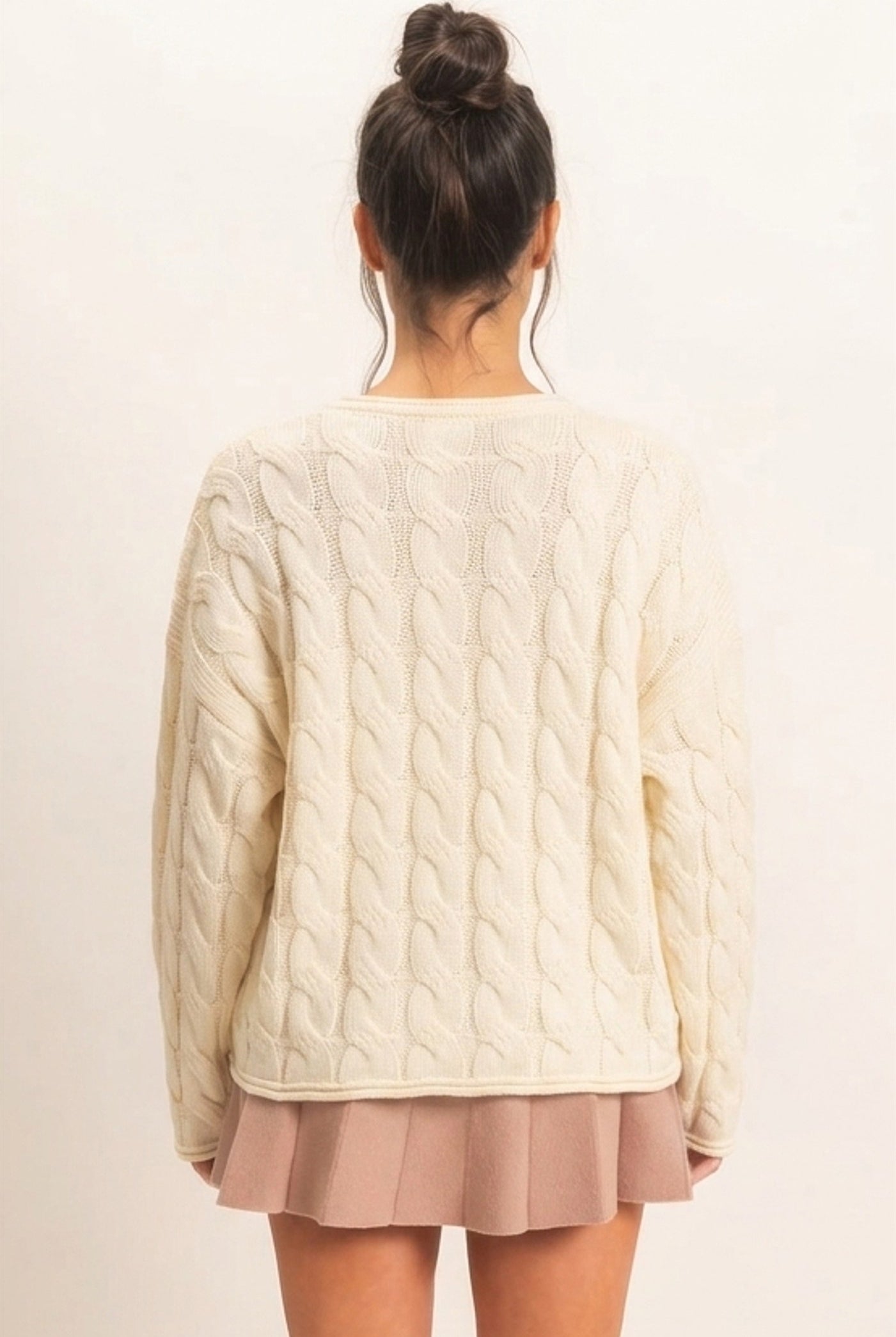 Wholesale Cable Knit V-Neck Sweater Sweaters DZ26E087 CREAM DOUBLE ZERO