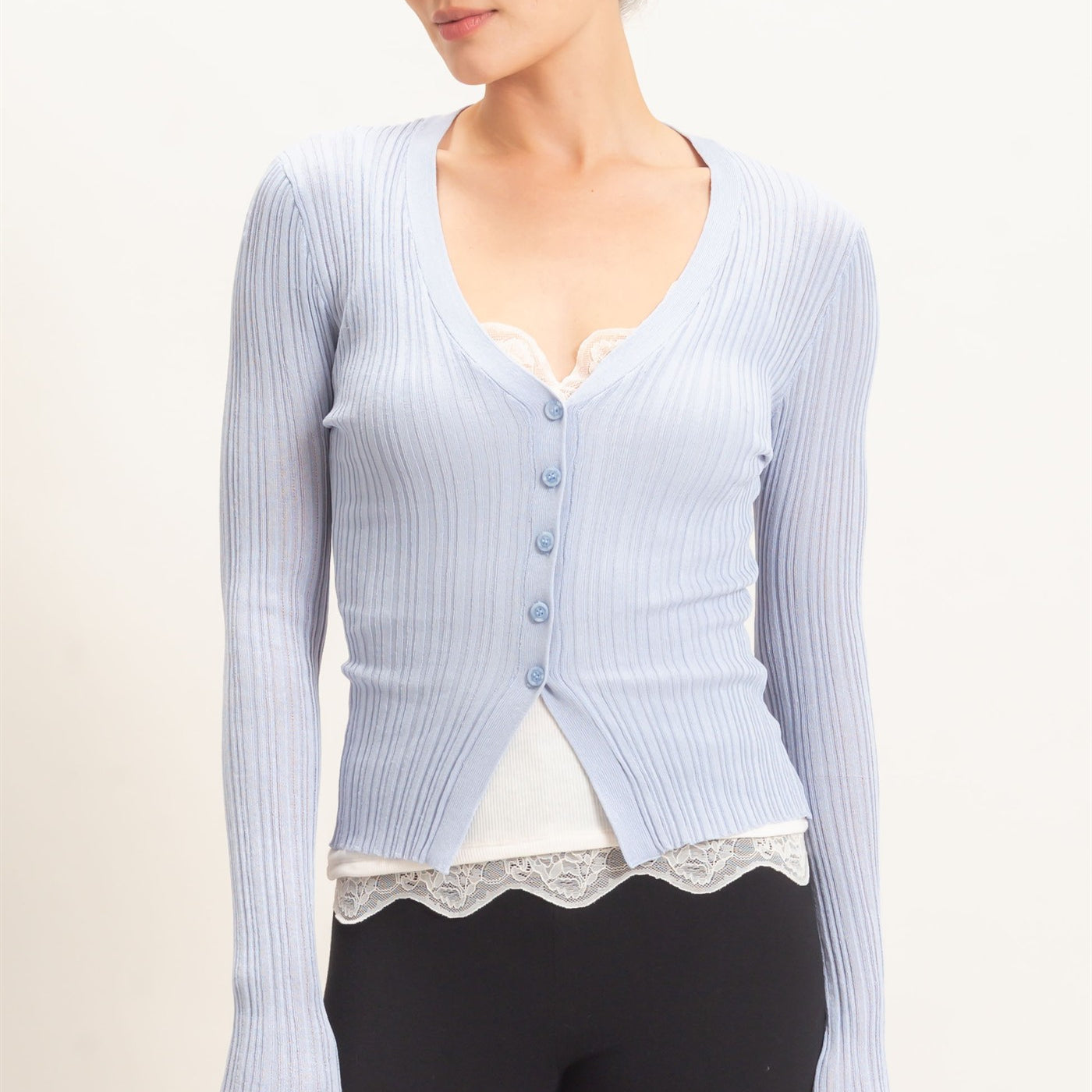 Wholesale Ribbed V-Neck Cardigan Cardigans HF26E154 BLUE HYFVE