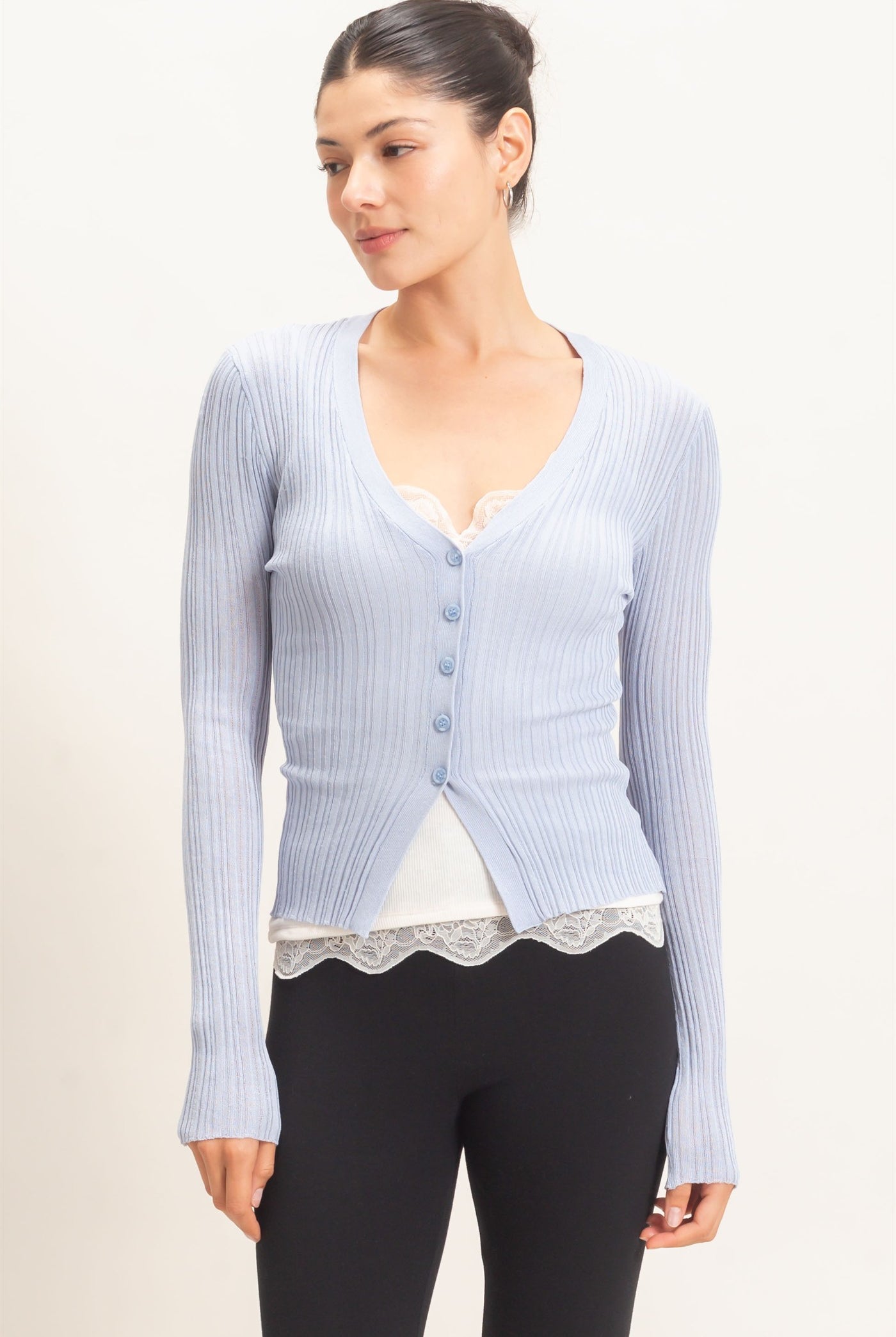 Wholesale Ribbed V-Neck Cardigan Cardigans HF26E154 BLUE HYFVE