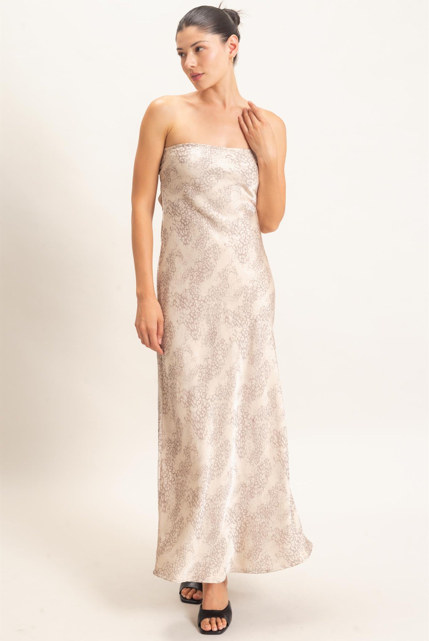 Wholesale Satin Patterned Maxi Dress Dresses HF26F029 TAUPE HYFVE