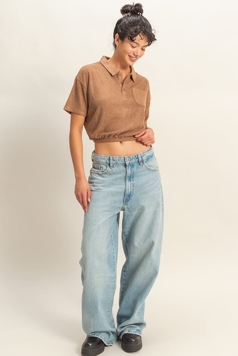 Wholesale Collared Short Sleeve Crop Top Clothing Tops DZ22A477 TOFFEE DOUBLE ZERO