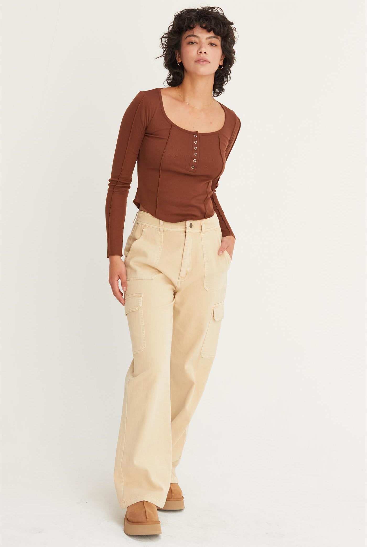 Wholesale Ribbed Long Sleeve Button Front Top Clothing Tops DZ25A025 CHESTNUT DOUBLE ZERO
