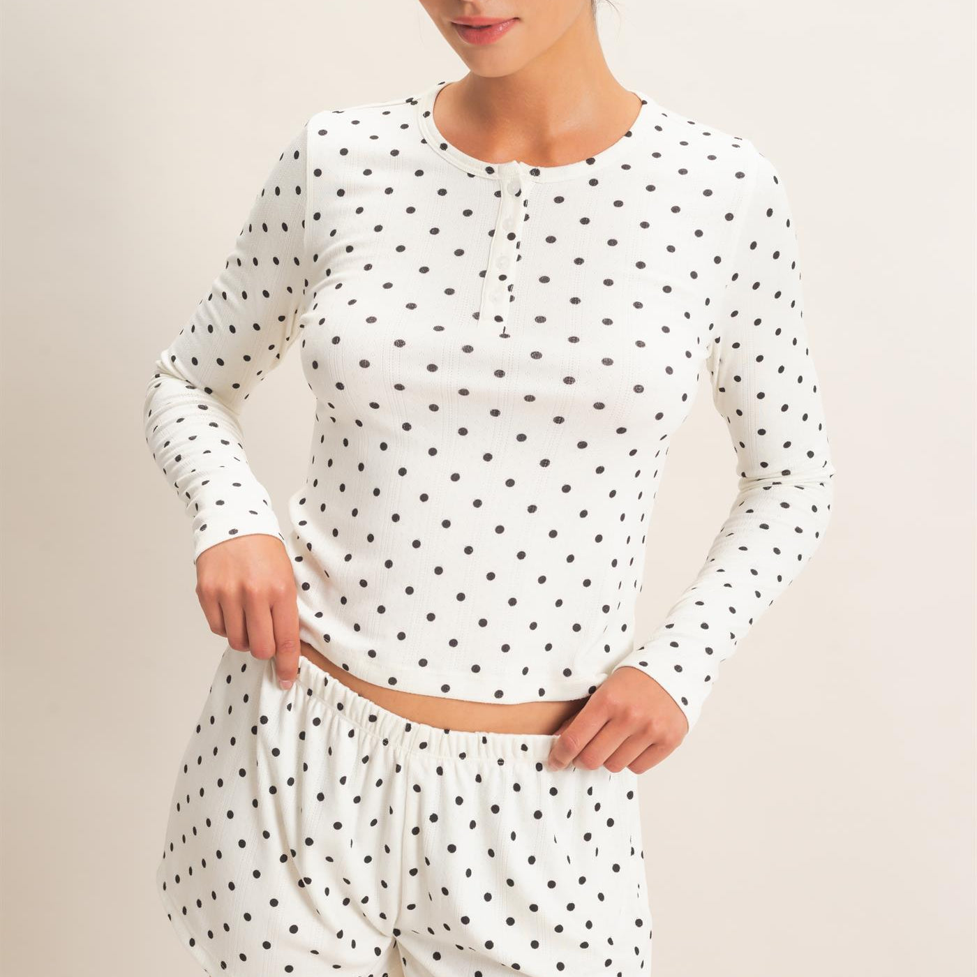Wholesale Polka Dot Henley Long Sleeve Top & Shorts Set Clothing DZ27A154-SET CREAM DOUBLE ZERO