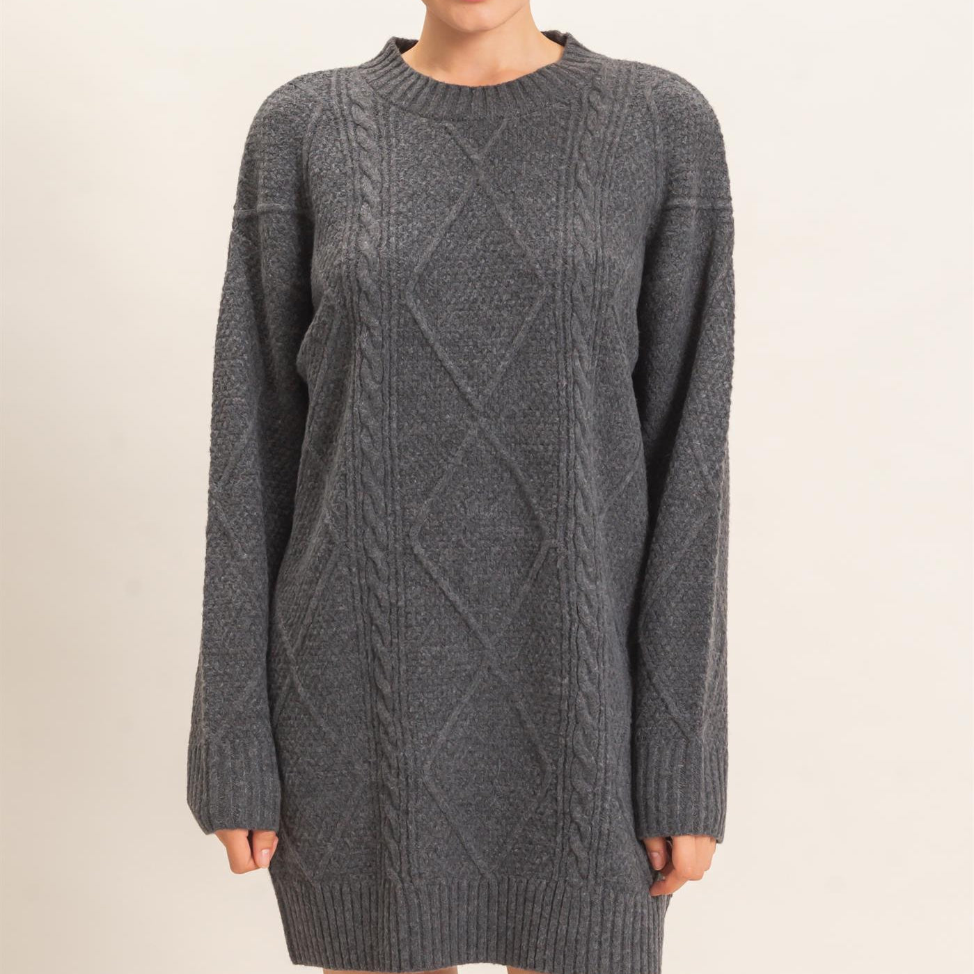 Wholesale Cable Knit Crew Neck Dress Dresses HF26F006 CHARCOAL HYFVE