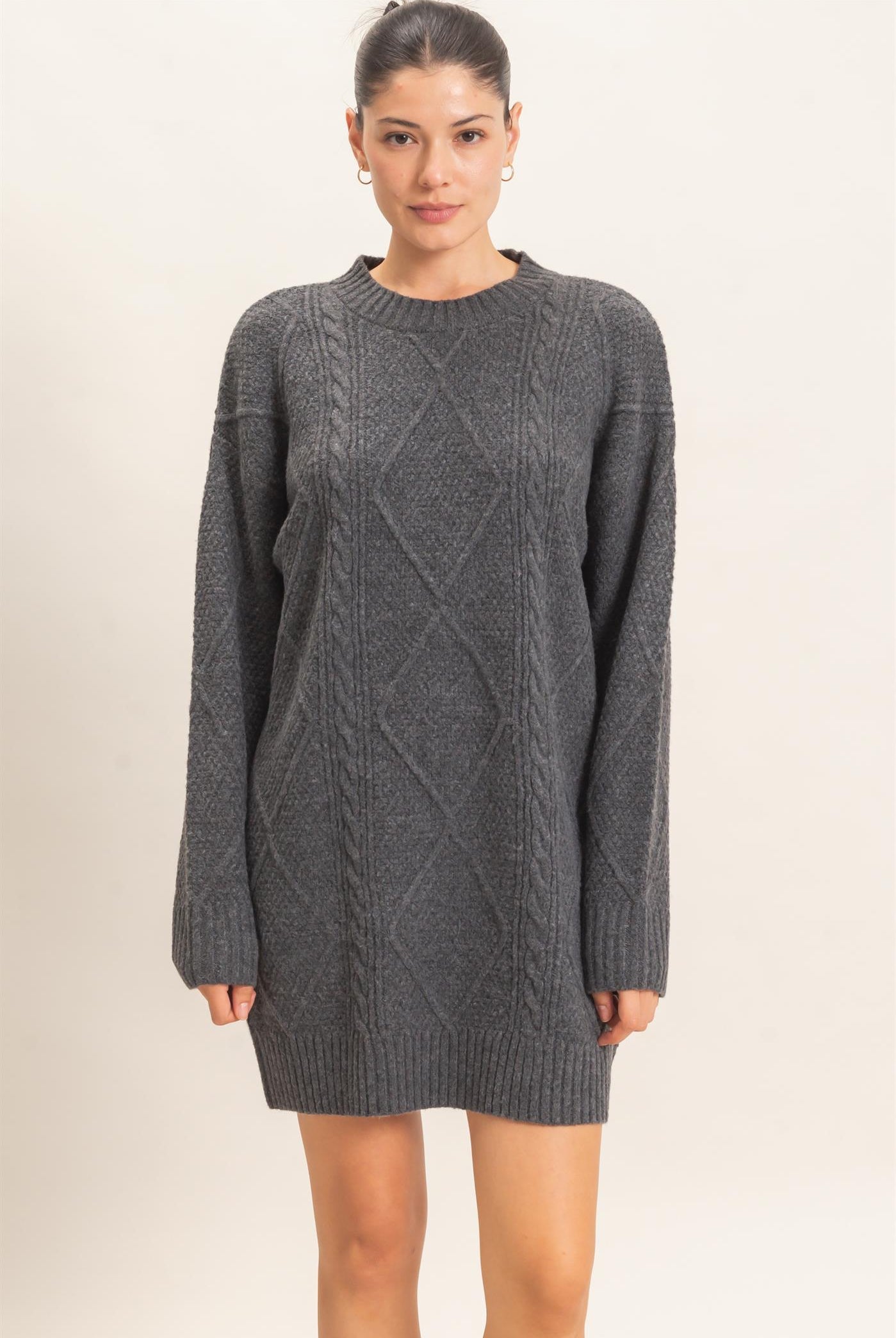 Wholesale Cable Knit Crew Neck Dress Dresses HF26F006 CHARCOAL HYFVE