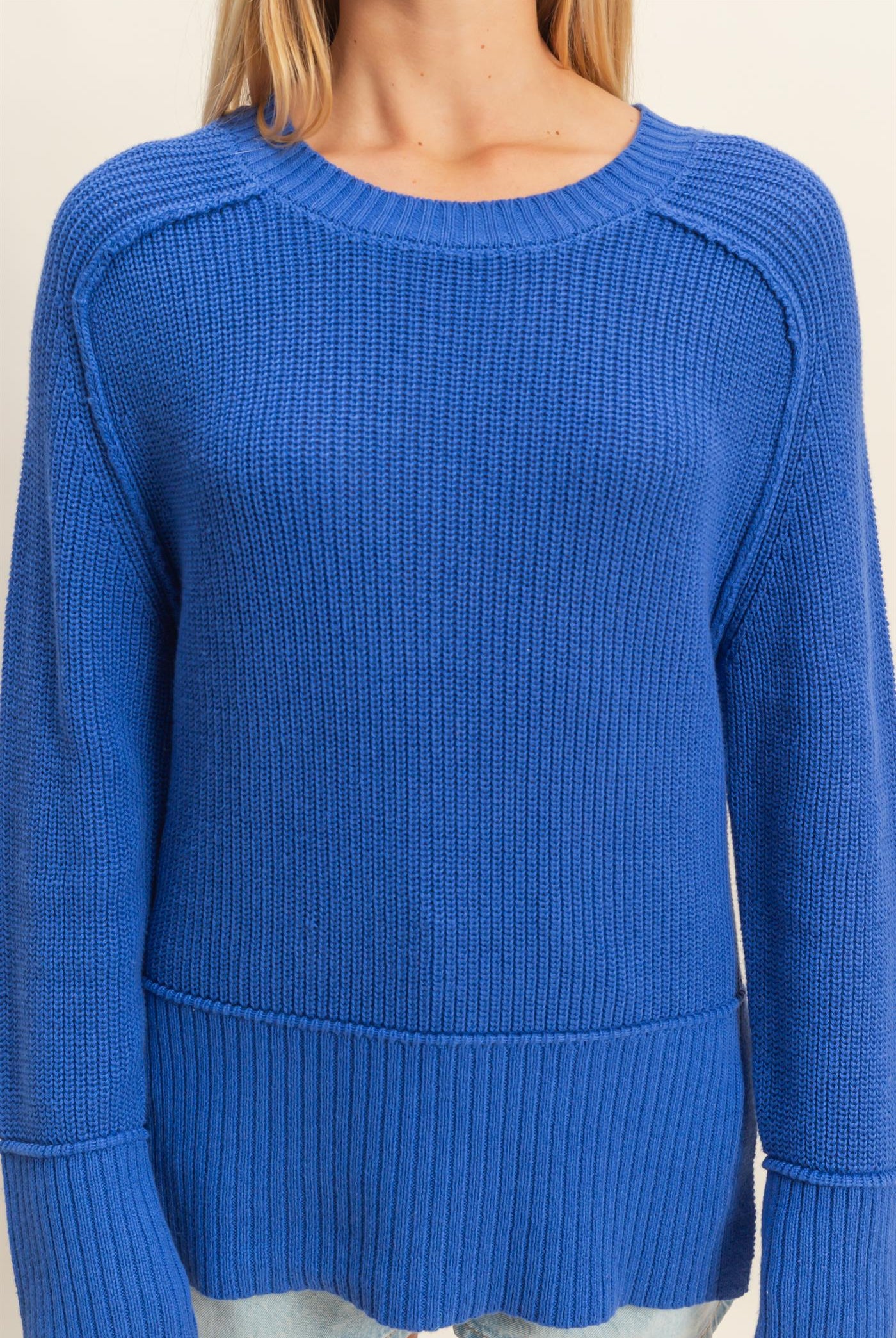 Wholesale Ragaln Long Sleeve Side Slit Sweater Sweaters DZ25E812 COBALT DOUBLE ZERO