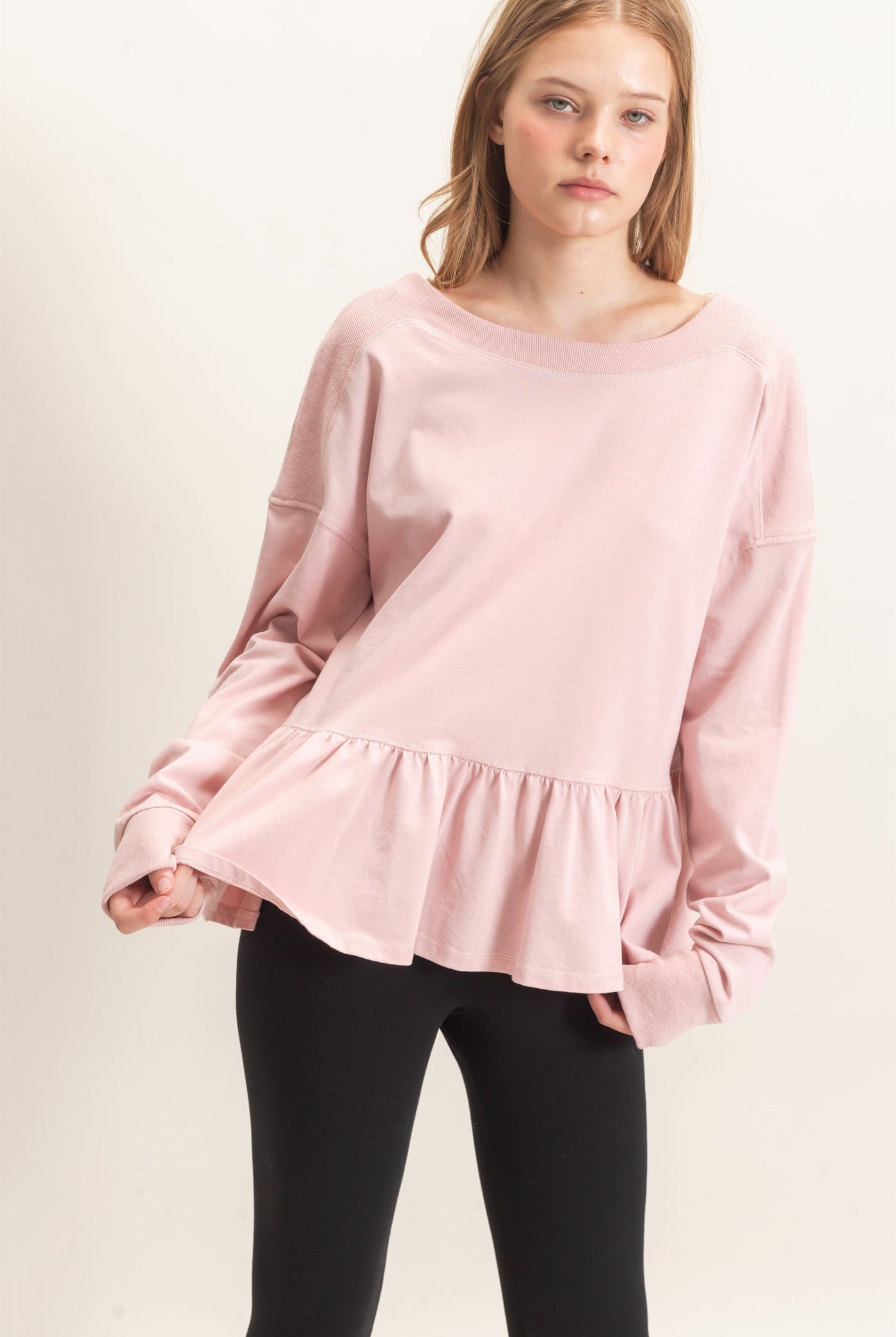 Wholesale Ruffled Hem Long Sleeve Top Clothing Tops HF26E065 PALE BLUSH HYFVE
