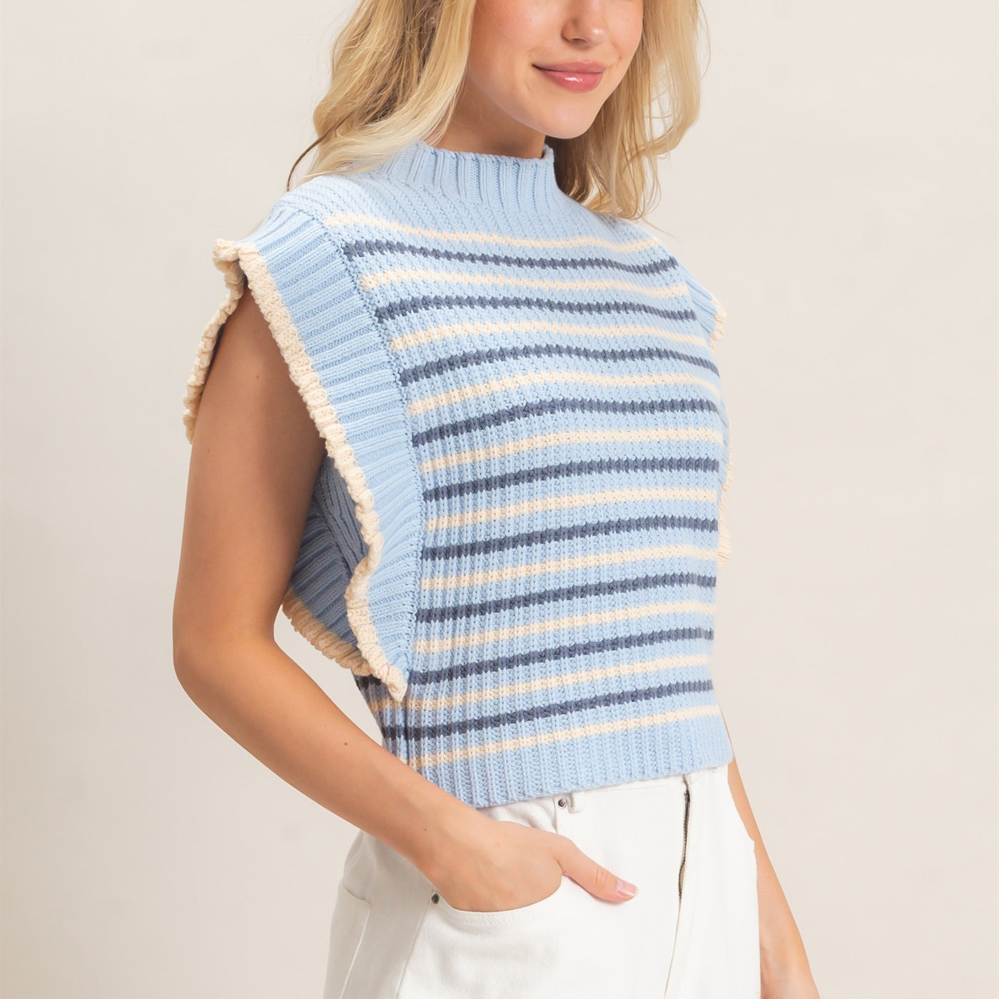 Wholesale Ribbed Ruffle Sleeve Sweater Sweaters HF26F182 L.BLUE HYFVE