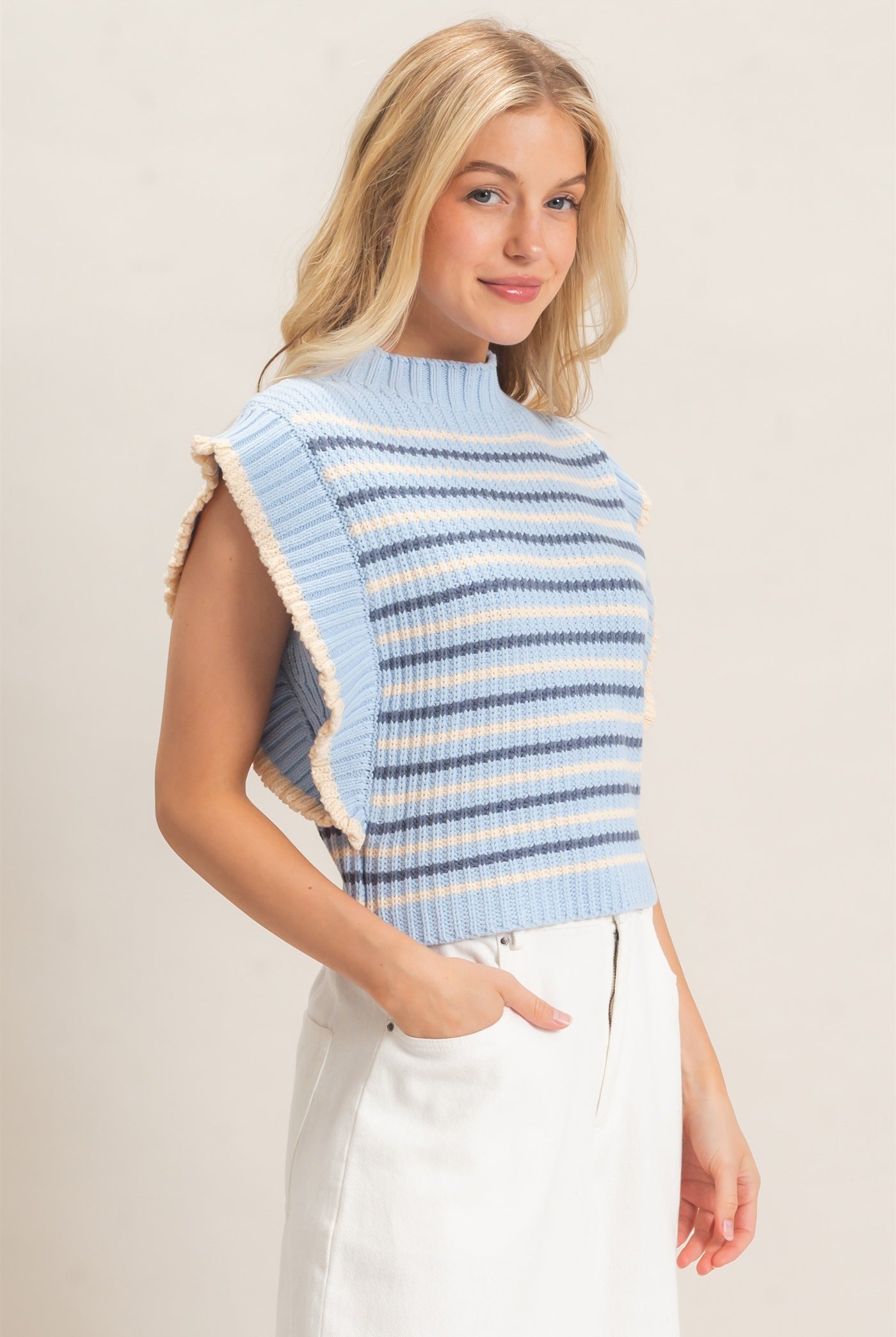 Wholesale Ribbed Ruffle Sleeve Sweater Sweaters HF26F182 L.BLUE HYFVE