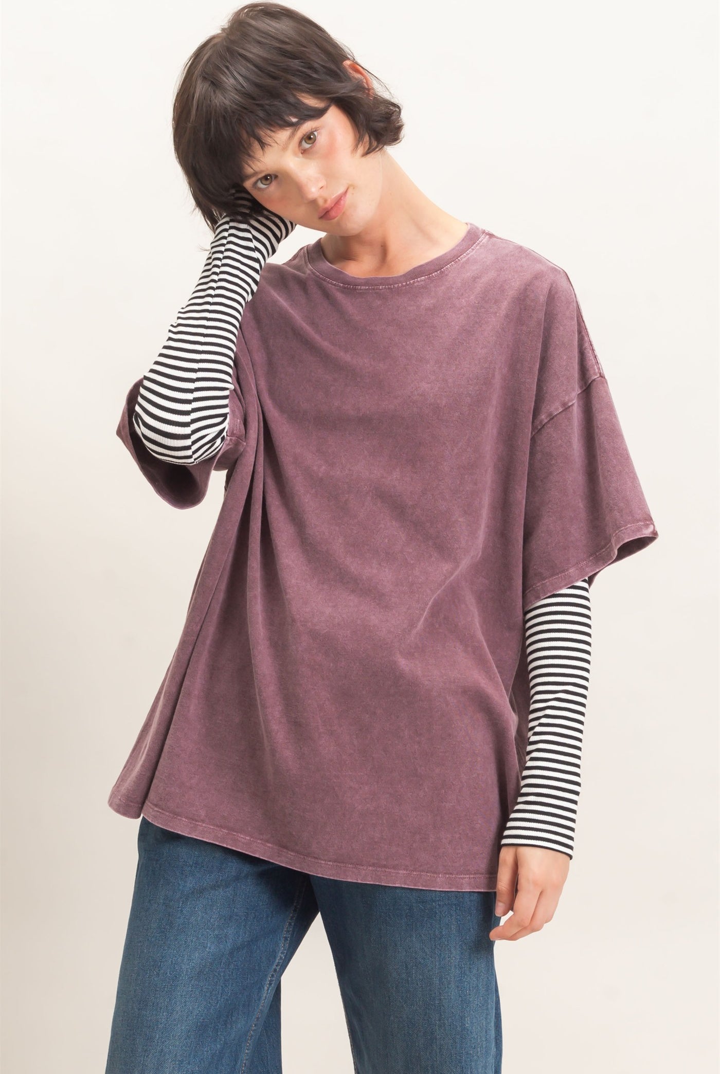 Wholesale Mineral Wash Oversized Crew Neck T-Shirts Clothing Tops DZ26C961 DARK CHERRY DOUBLE ZERO