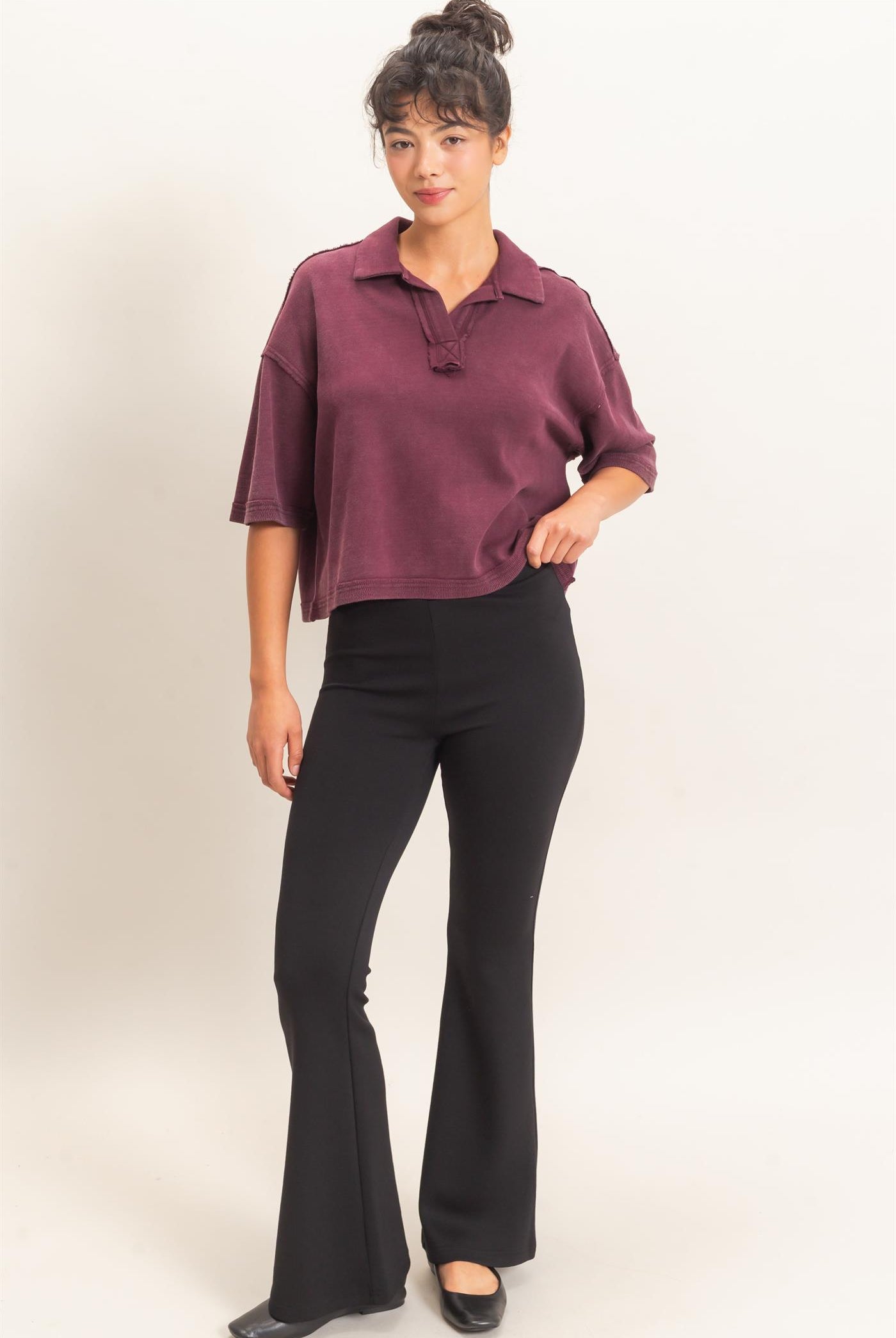 Wholesale Mineral Wash Oversized Collar Short Sleeve Top Clothing Tops DZ26E813 DARK CHERRY DOUBLE ZERO