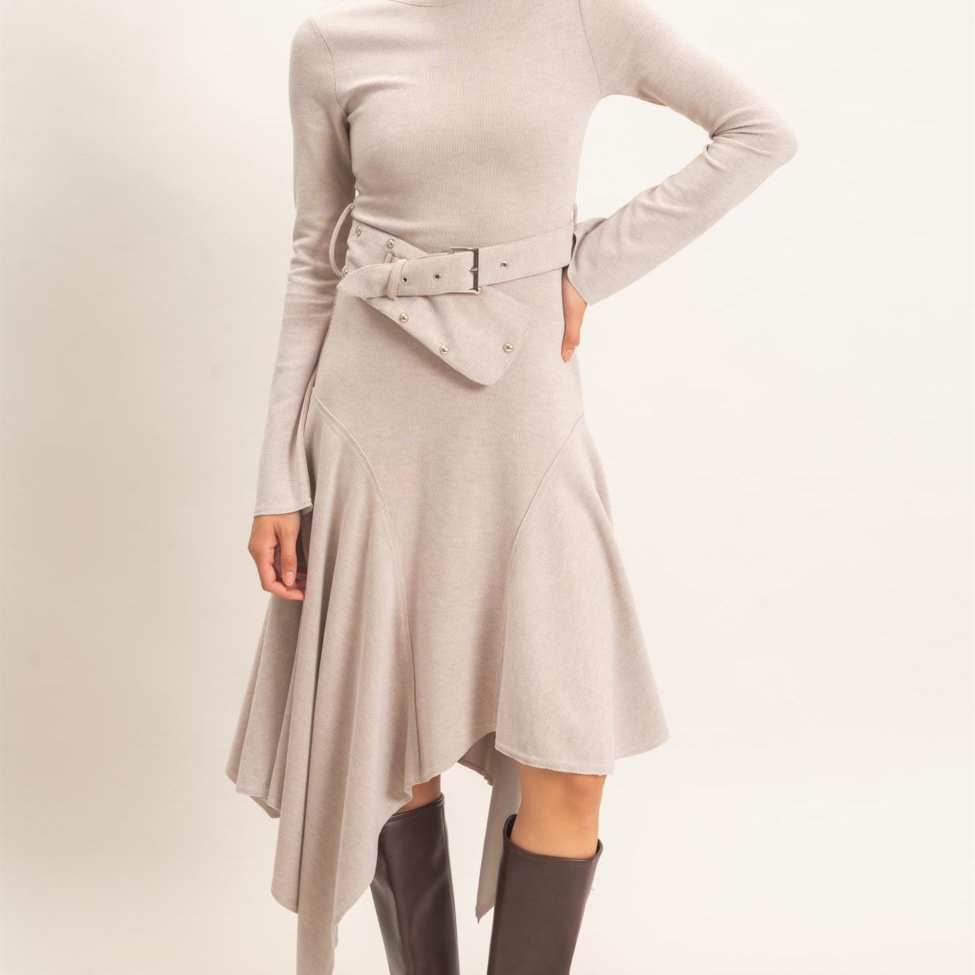 Wholesale Asymmetrical Knit Dress Dresses HF26E992 BEIGE HYFVE