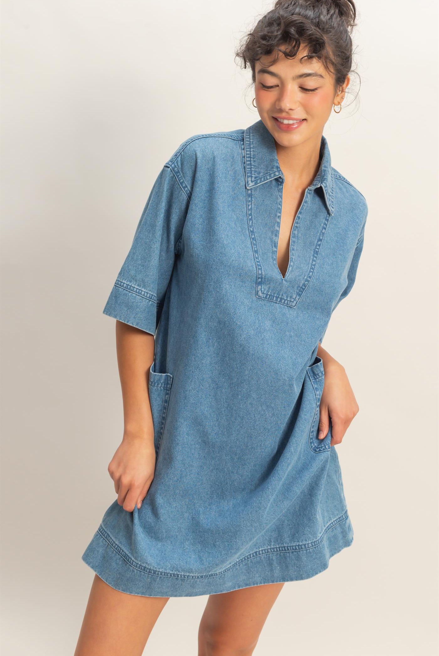 Wholesale Denim Collar Tunic Dress Dresses DZ25F163 MEDIUM BLUE DOUBLE ZERO