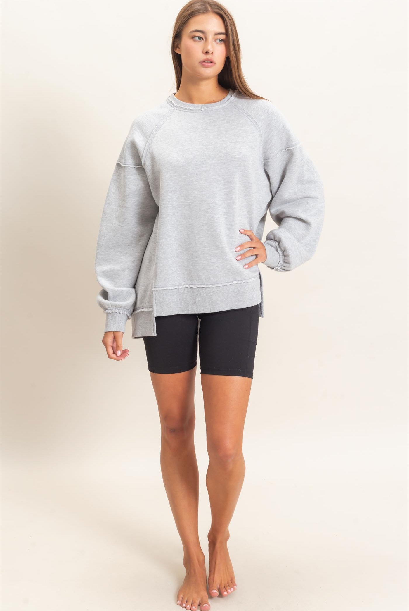 Wholesale Acid Wash Raw Edge Sweatshirt Sweatshirts DZ26C910 HEATHER GRAY DOUBLE ZERO