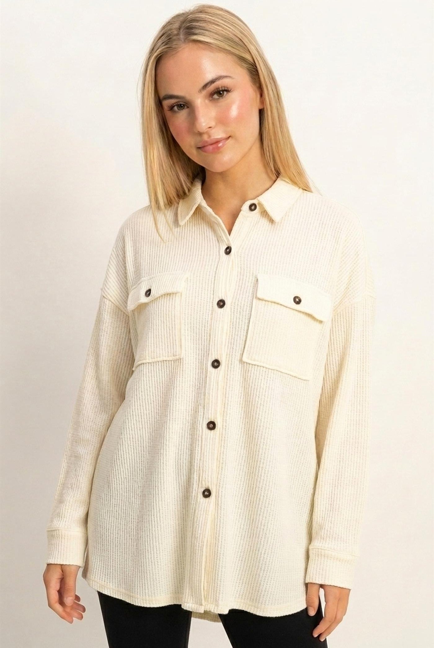 Wholesale Mineral Wash Waffle Knit Button-Up Shacket Coats & Jackets DZ26E249 CREAM DOUBLE ZERO